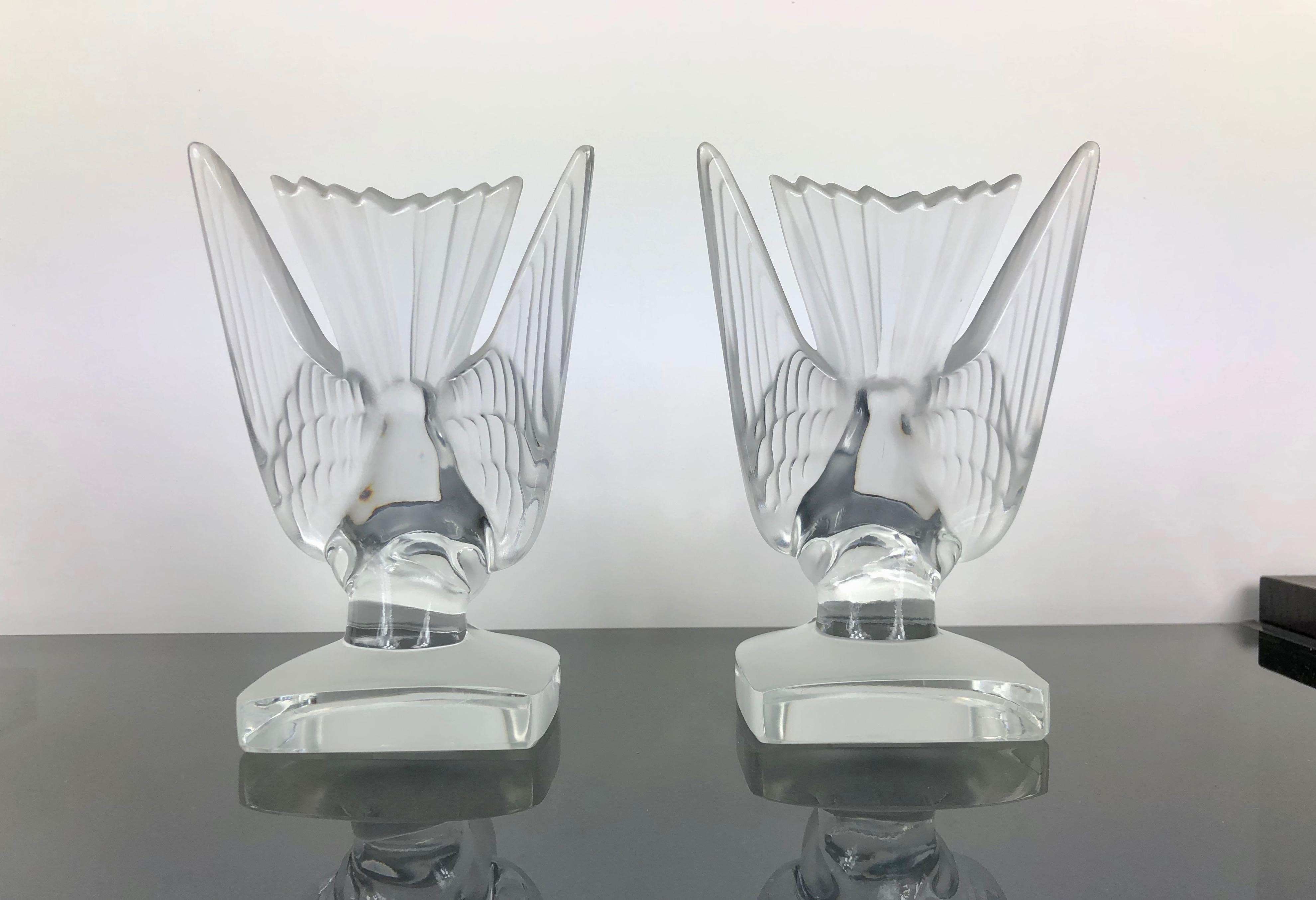 Pair of Lalique Crystal Bird Book Ends Sculpture Paperweight, France 1