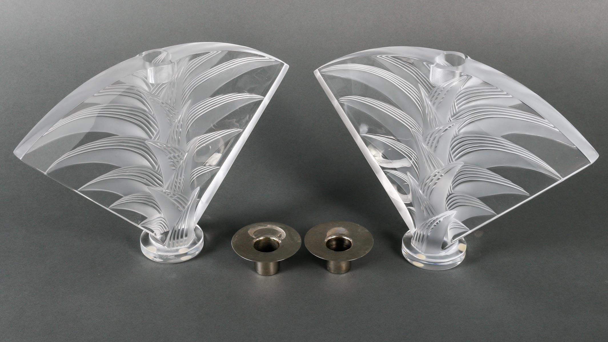 French Pair of Lalique Crystal Candlesticks, 20th Century. For Sale