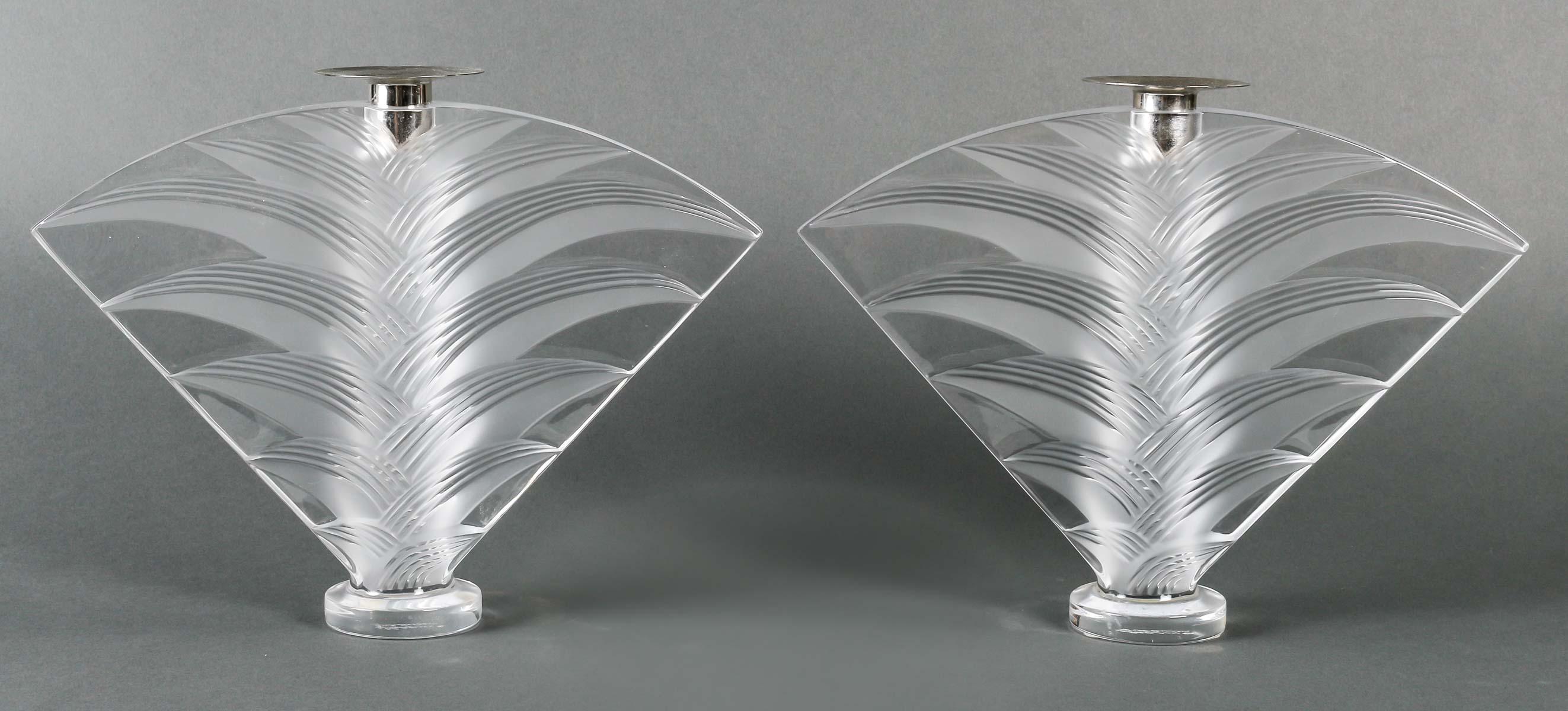 Pair of Lalique Crystal Candlesticks, 20th Century. For Sale 3