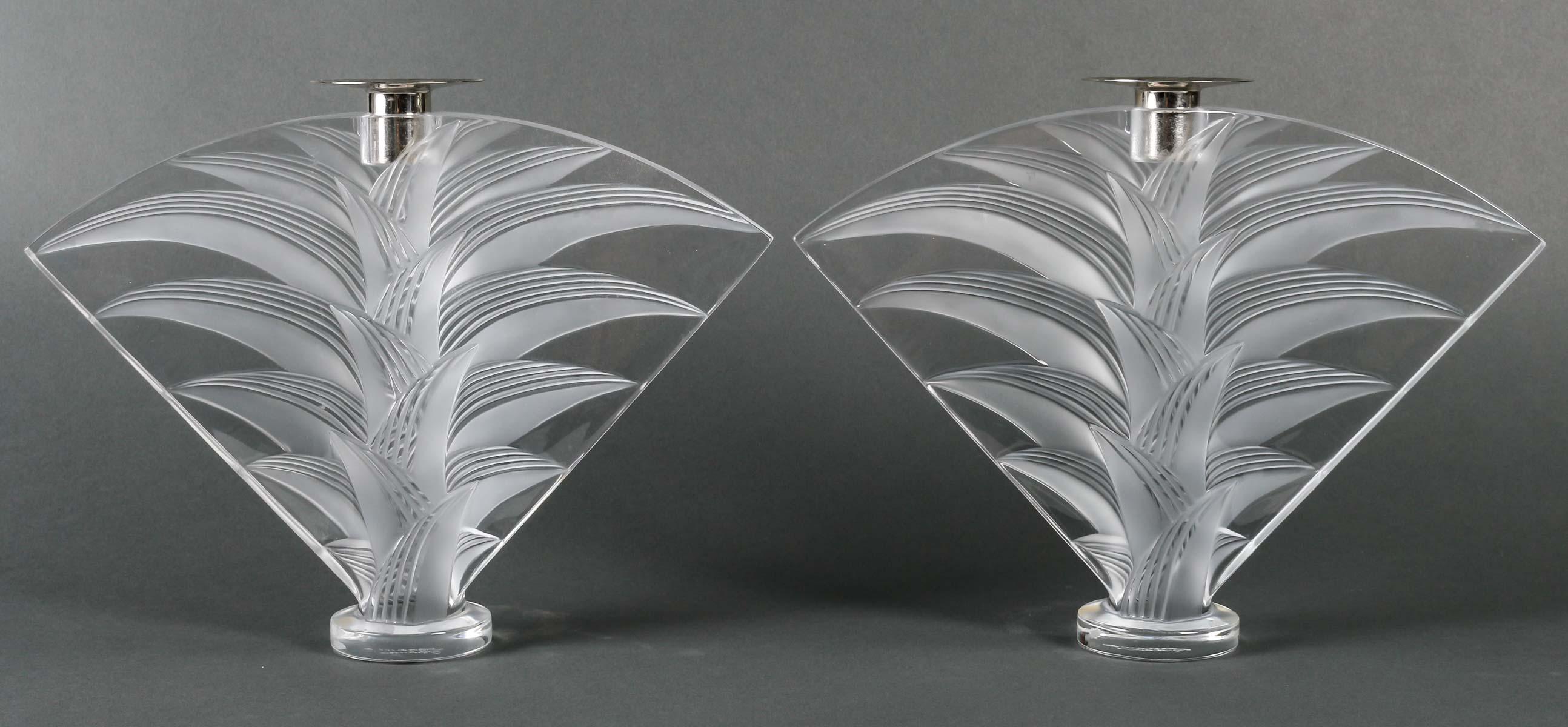 Pair of Lalique Crystal Candlesticks, 20th Century. For Sale 4