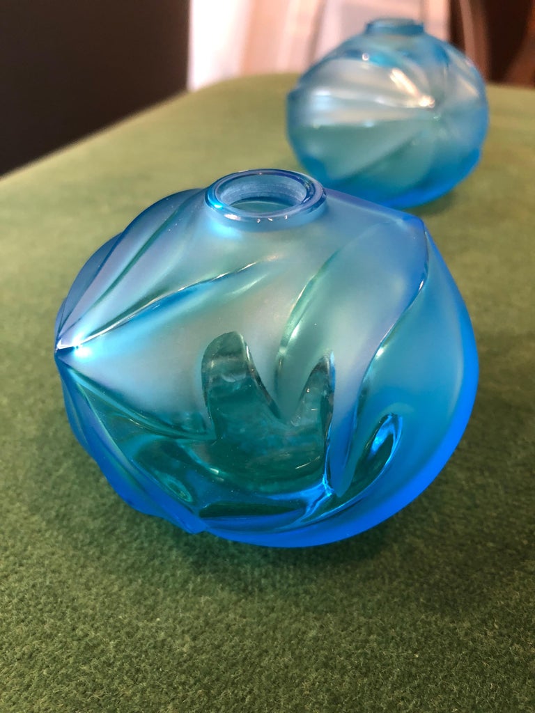 Pair of Lalique Crystal "Royal Palm" Bud Vases in Glacier Blue with