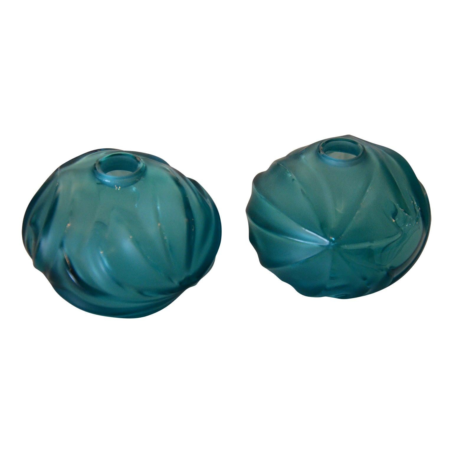 Pair of Lalique Crystal "Royal Palm" Bud Vases in Turquoise with Satin Finish