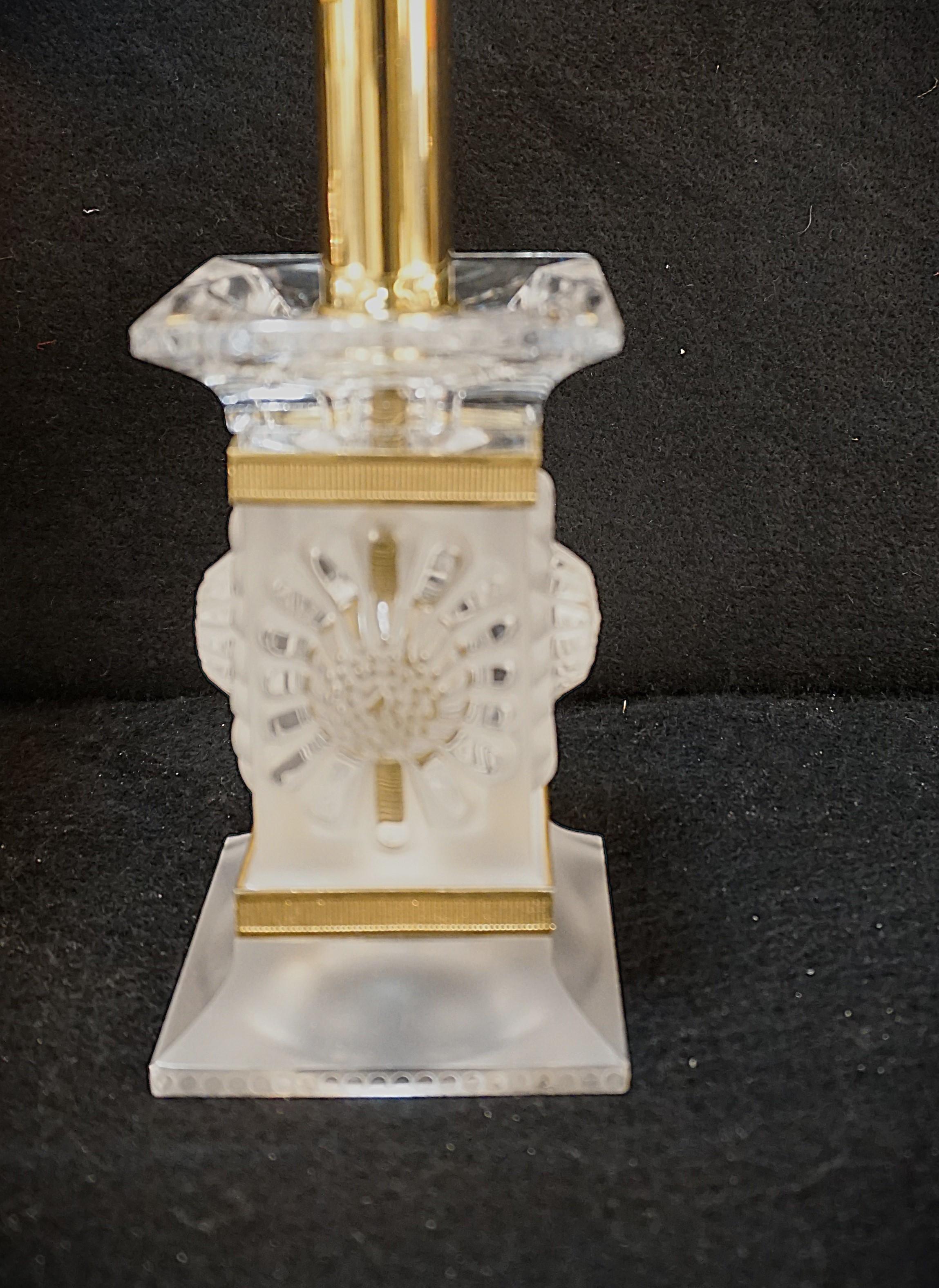Pair of vintage Lalique candlestick crystal table lamps with square fabric hardback bell shape shades.
New wiring and new lampshades.
Measurements include the lampshades.