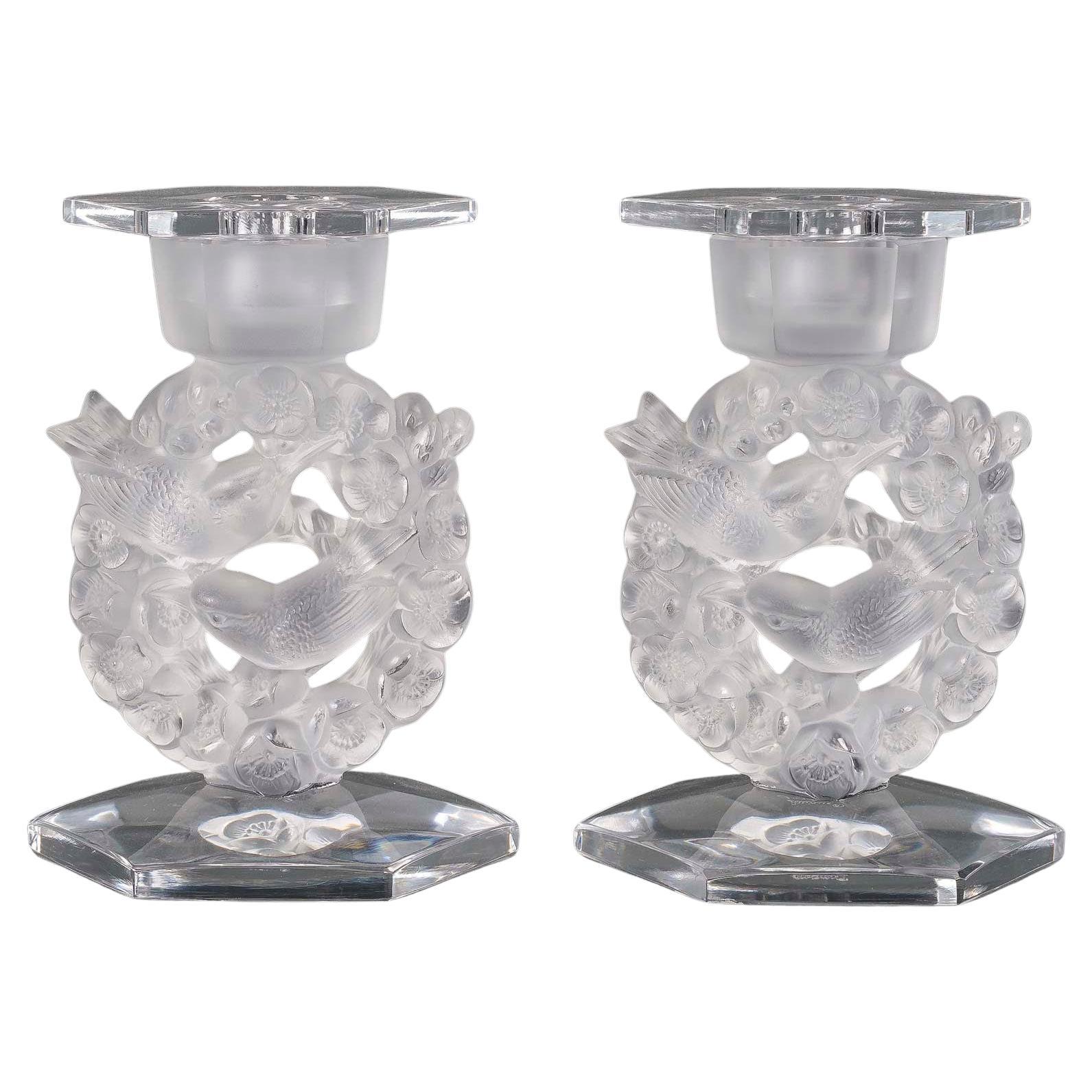 Pair of Lalique France Crystal Candelabras, 20th Century. For Sale