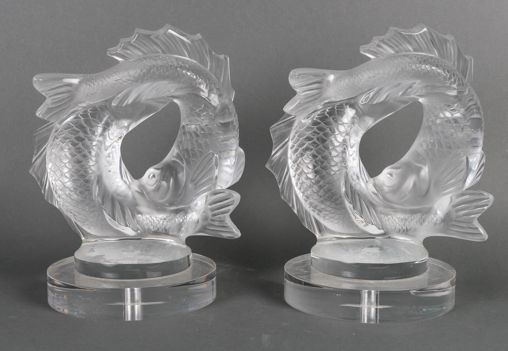 Art Nouveau Pair of Lalique France Crystal Fish Sculptures.