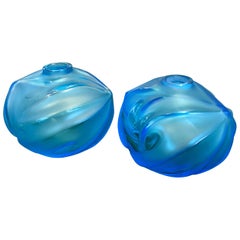 Retro Pair of Lalique Glacier Blue Satin Finish Crystal "Royal Palm" Bud Vases