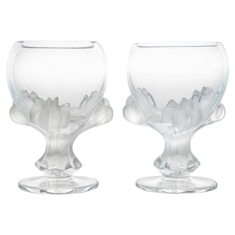 Pair of Lalique Nature Bowl Vases Crystal, France For Sale