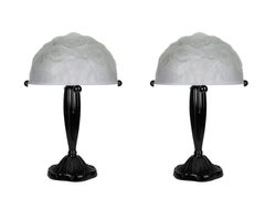 Pair of Lalique style Art Deco Black Lacquer Brass Table Lamp, 1920s