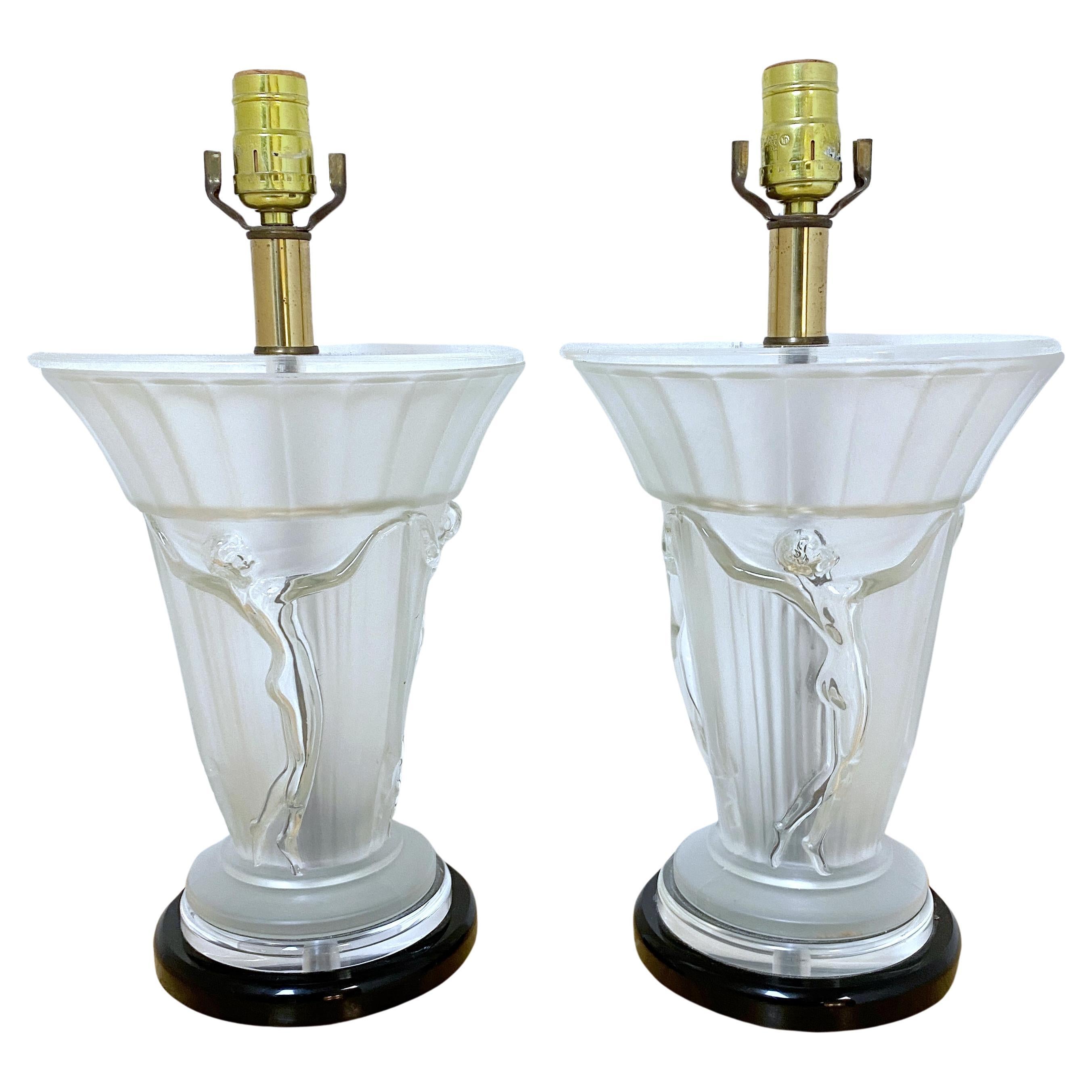 Pair of Lalique Style Figural Art Deco Lamps