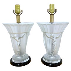 Pair of Lalique Style Figural Art Deco Lamps