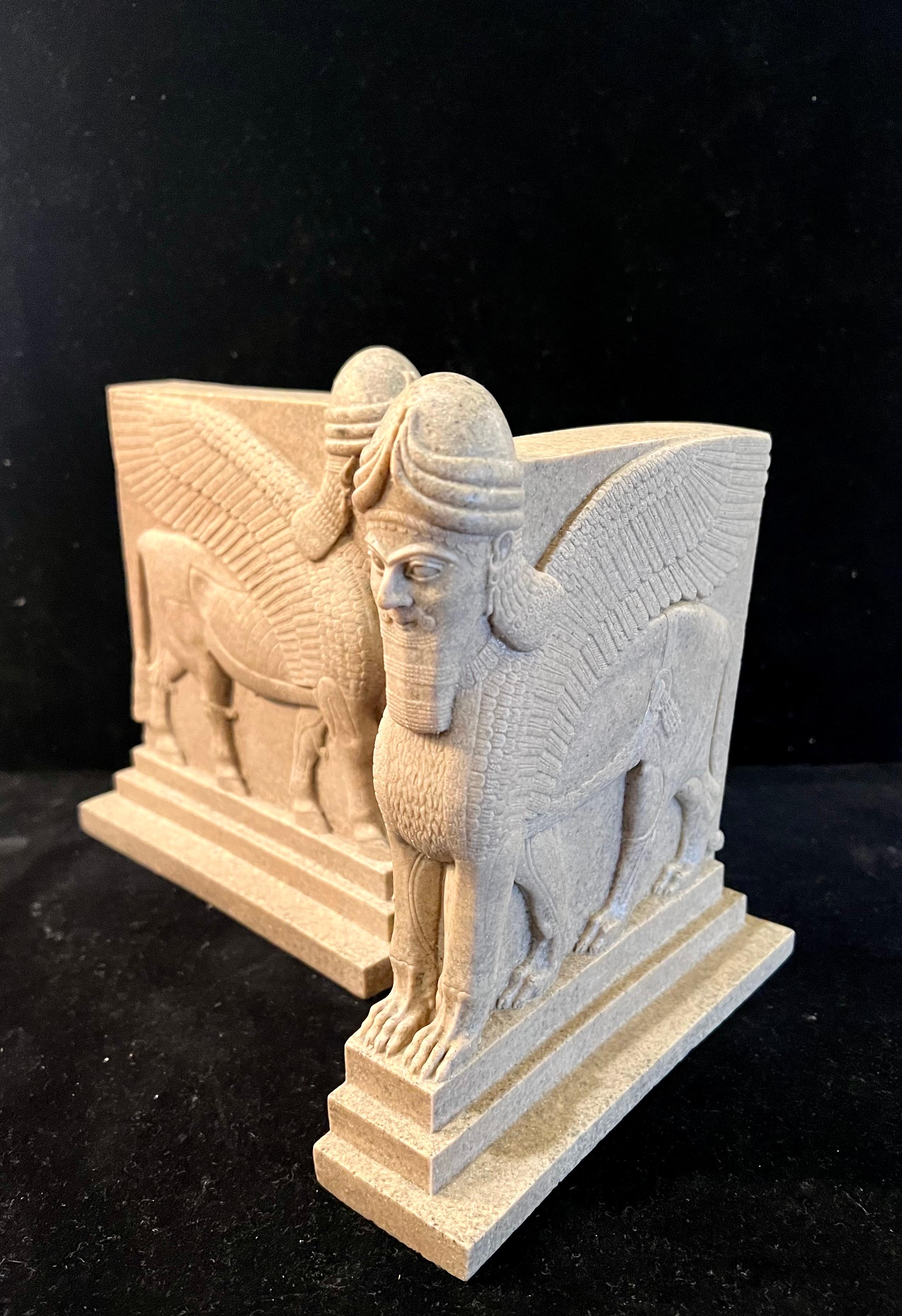 Egyptian Pair of Lamassu Bookends Lion Mesopotamian Art Decorative  For Sale