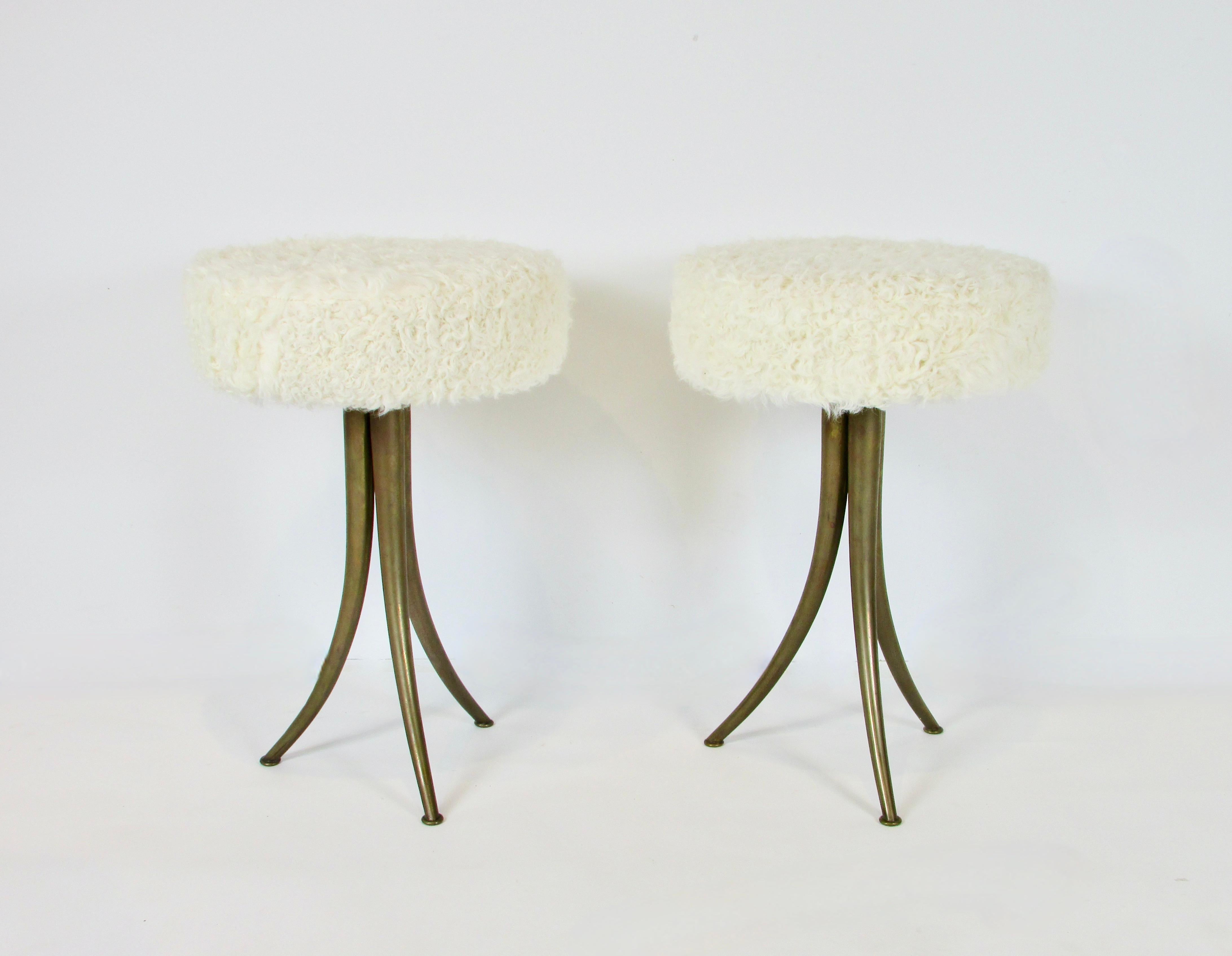 Mid-Century Modern Pair of lamb skin covered brass leg petite Italian stools For Sale