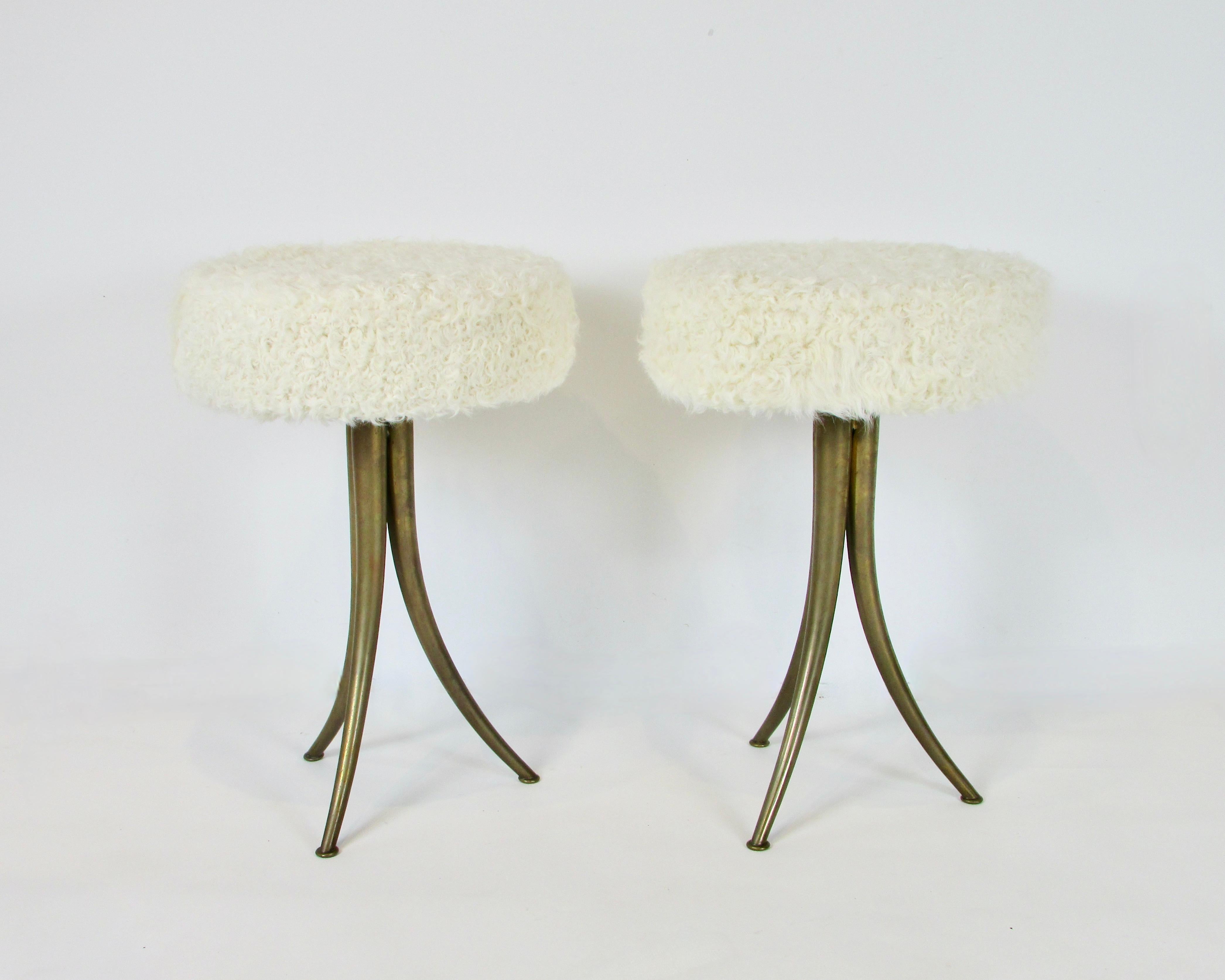 Hand-Crafted Pair of lamb skin covered brass leg petite Italian stools For Sale
