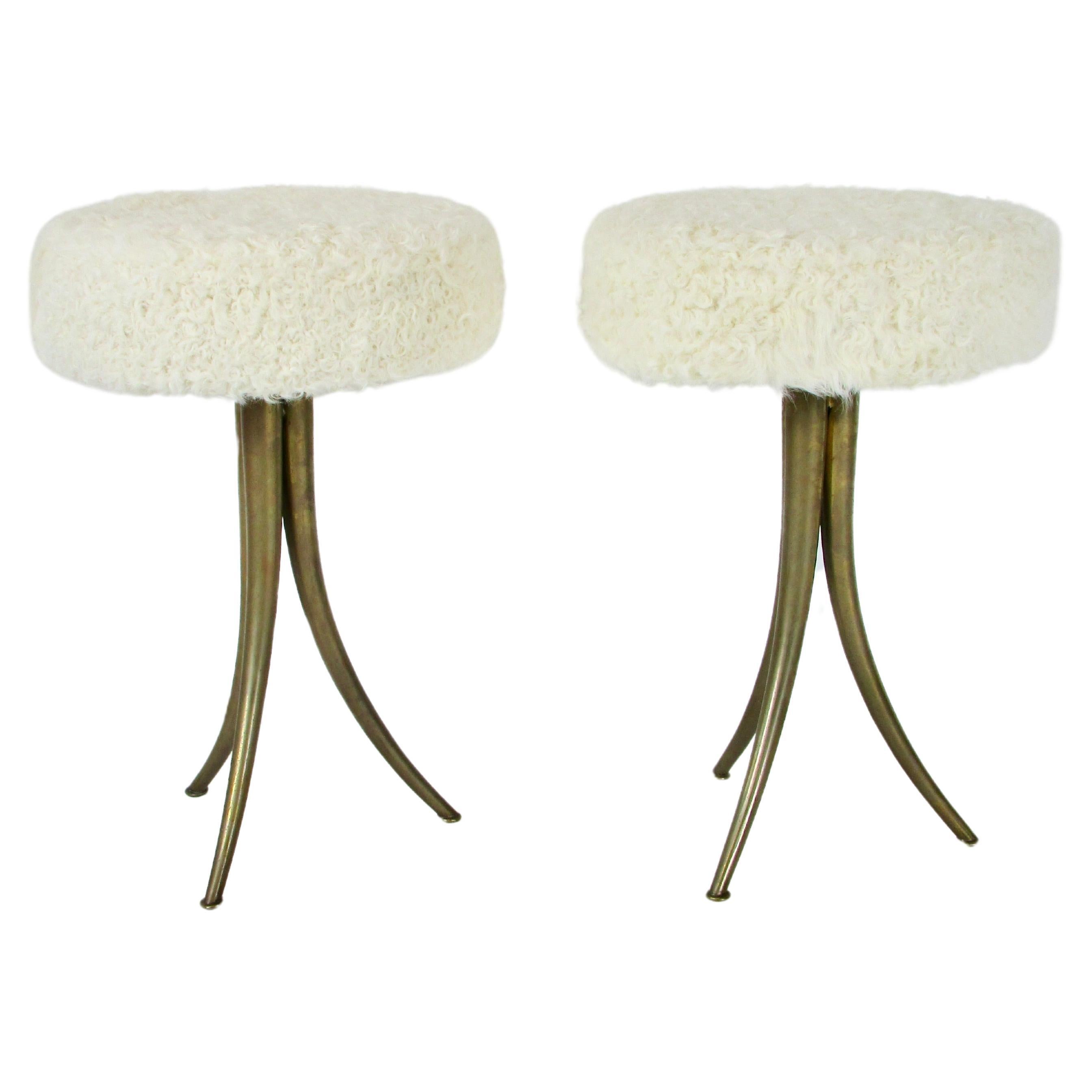 Pair of lamb skin covered brass leg petite Italian stools