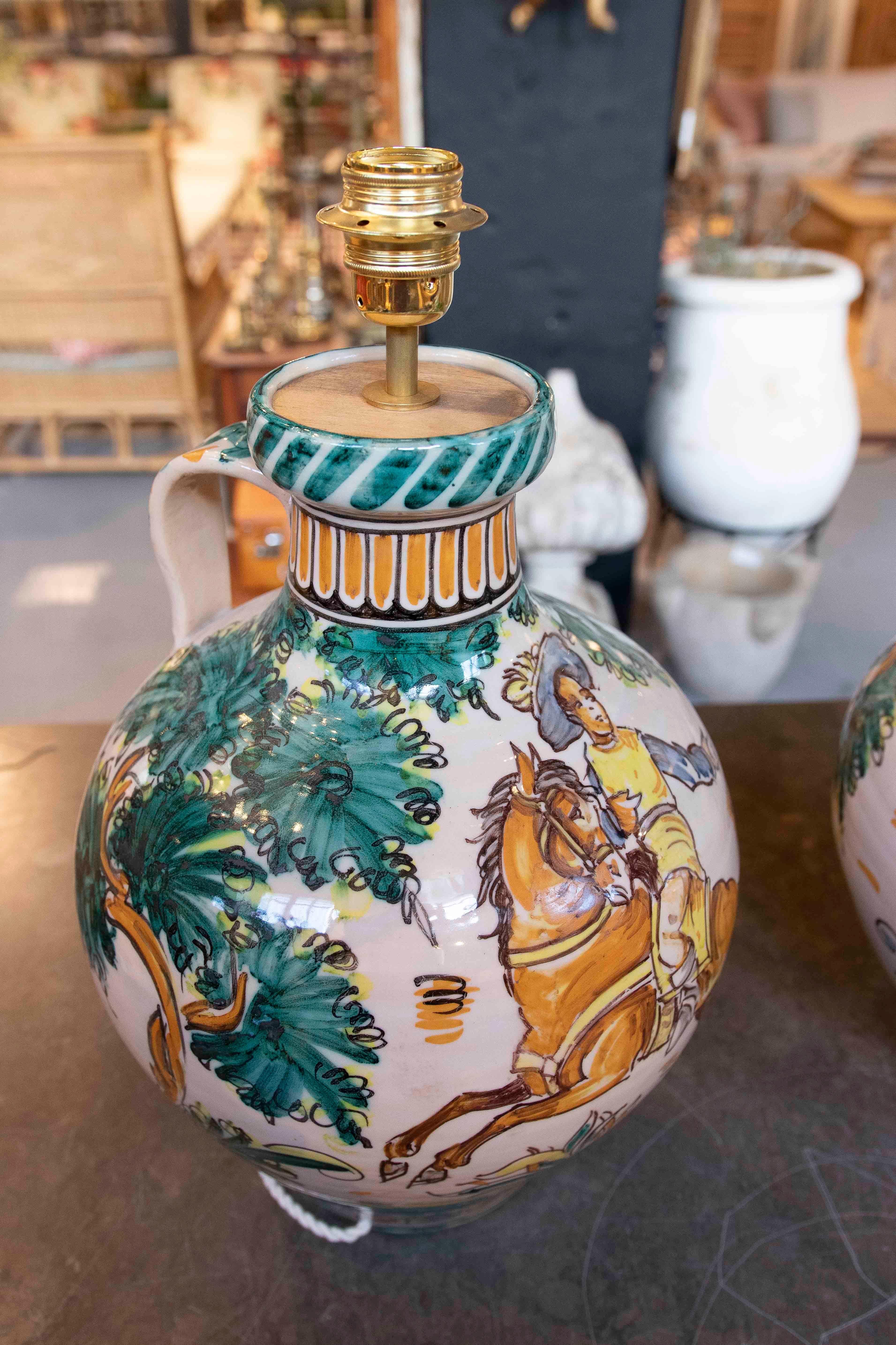 Spanish Pair of Lamp Bases in Decorated Ceramic Mediterranean style