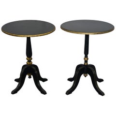 Pair of Lamp Side End Tables with Ebonized Black Frames and Gold Gilt Detailing