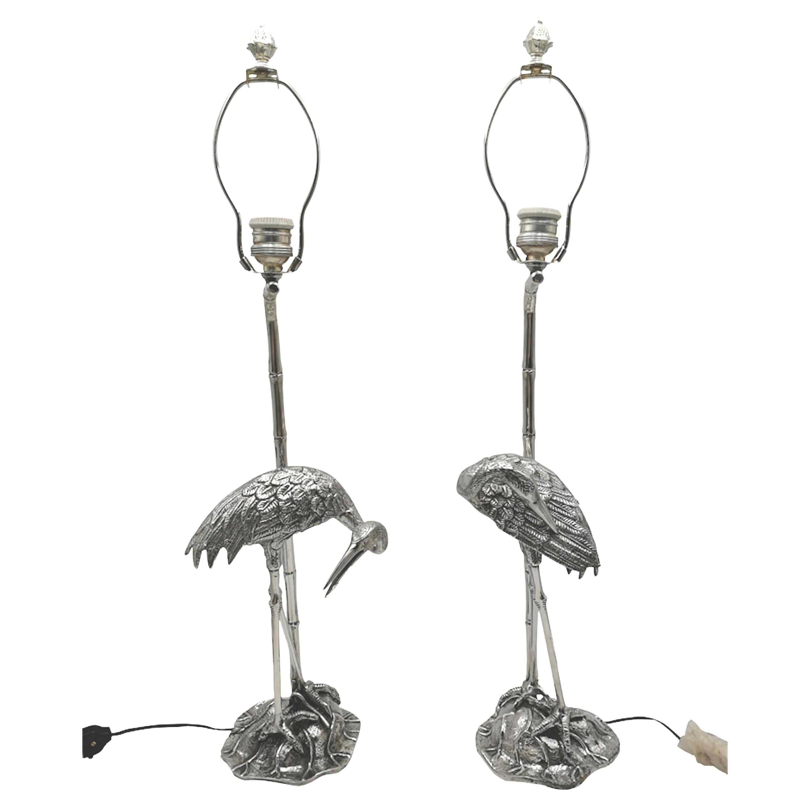 Pair of Lamp with Heron Maison Baguès Paris Silver Bronze, circa 1940