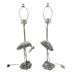 Pair of Lamp with Heron Maison Baguès Paris Silver Bronze, circa 1940