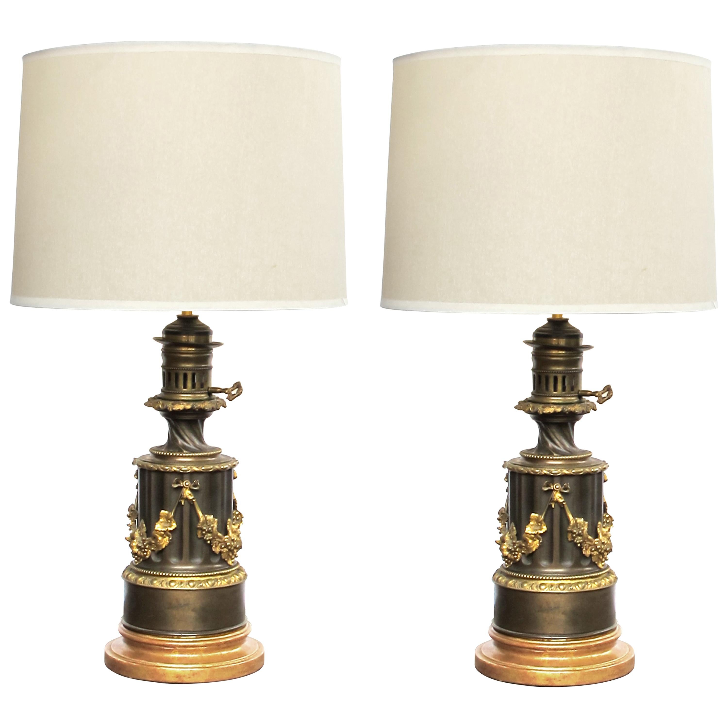 Pair of Lampe a Moderateur, Paris Louis Philippe Bronze Oil Lamps;  Electrified at 1stDibs