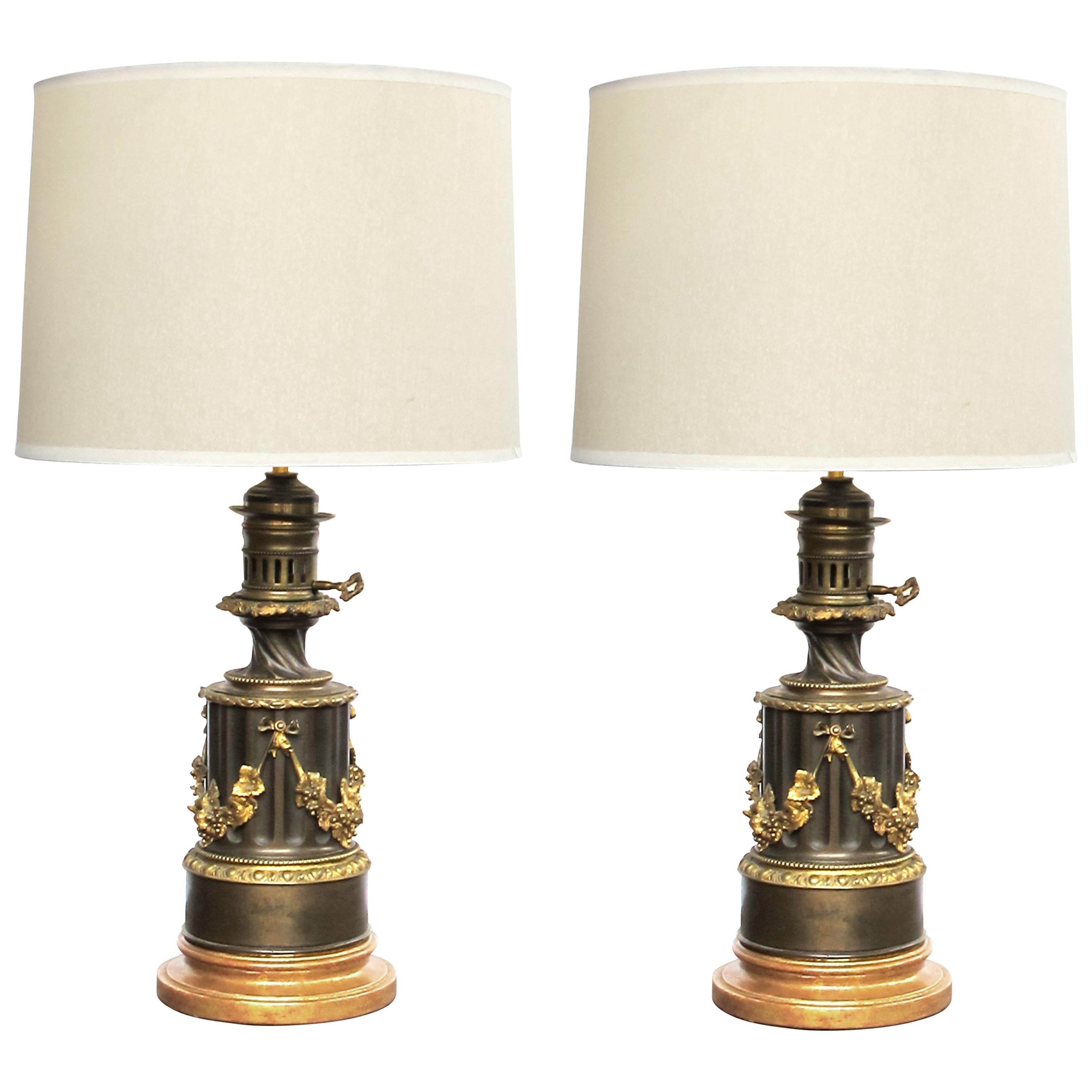 Pair of Lampe a Moderateur, Paris Louis Philippe Bronze Oil Lamps; Electrified