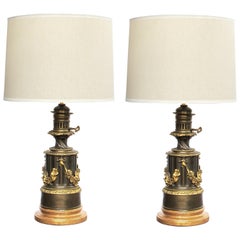 Pareja de Lampe a Moderateur, París Lámparas de aceite de bronce Louis Philippe; Electrificadas