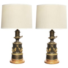 Pair of Lampe a Moderateur, Paris Louis Philippe Bronze Oil Lamps; Electrified