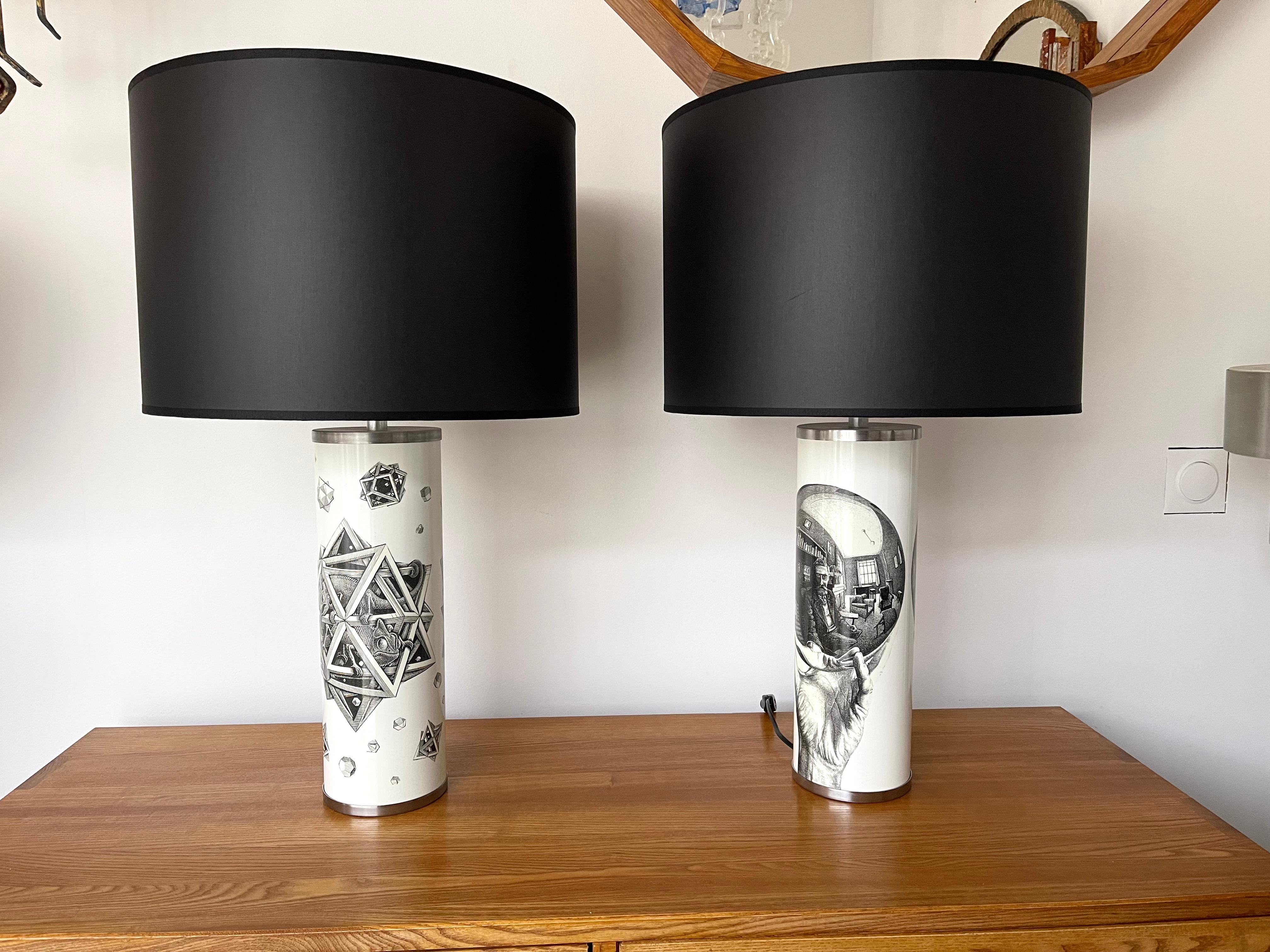 Pair of Lamps Black and White MC Maurits Cornelis Escher. Italy, 1980s For Sale 2