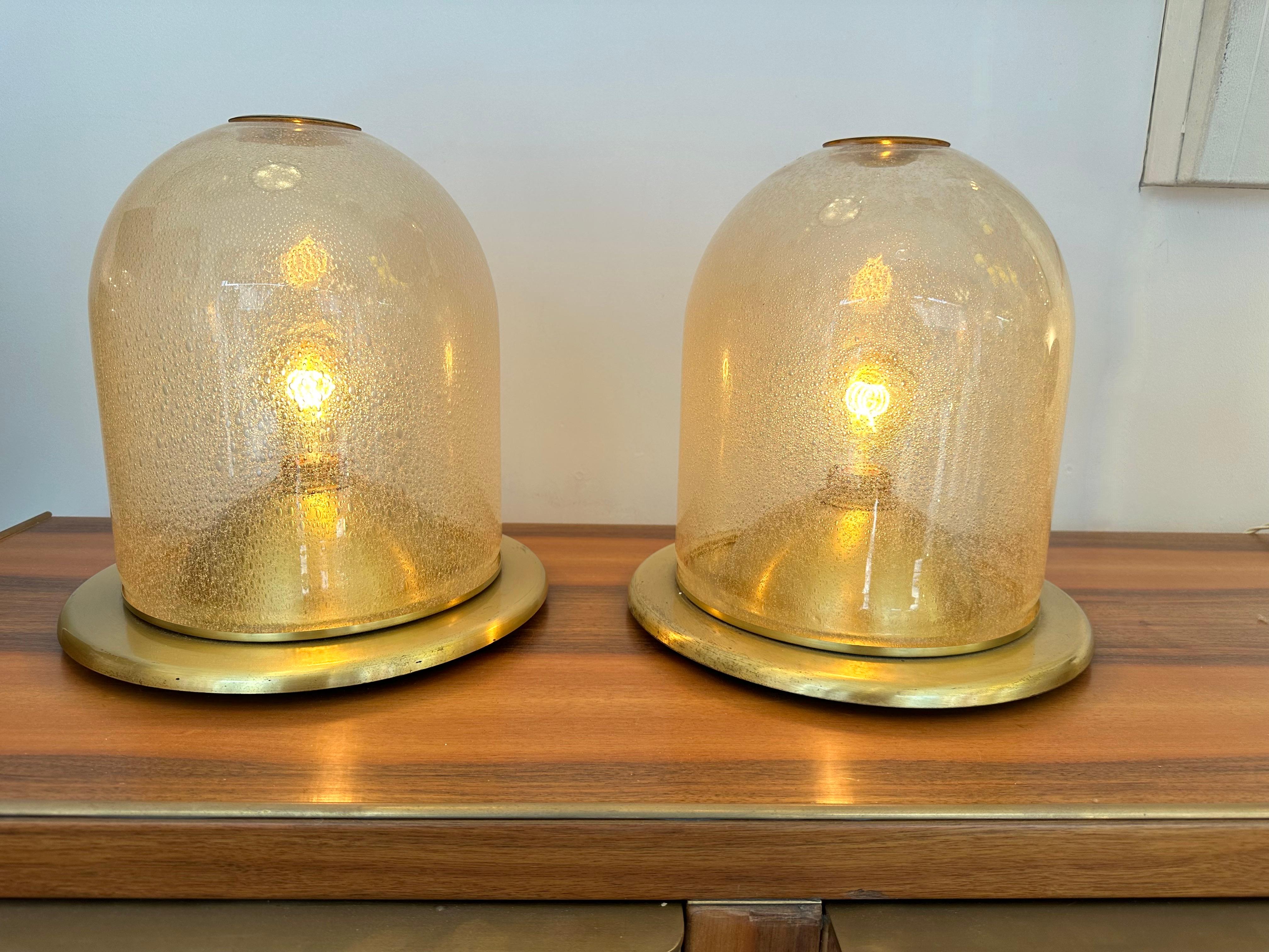 Late 20th Century Pair of Lamps Brass and Gold Bubble Murano Glass by F. Fabbian, Italy, 1970s For Sale