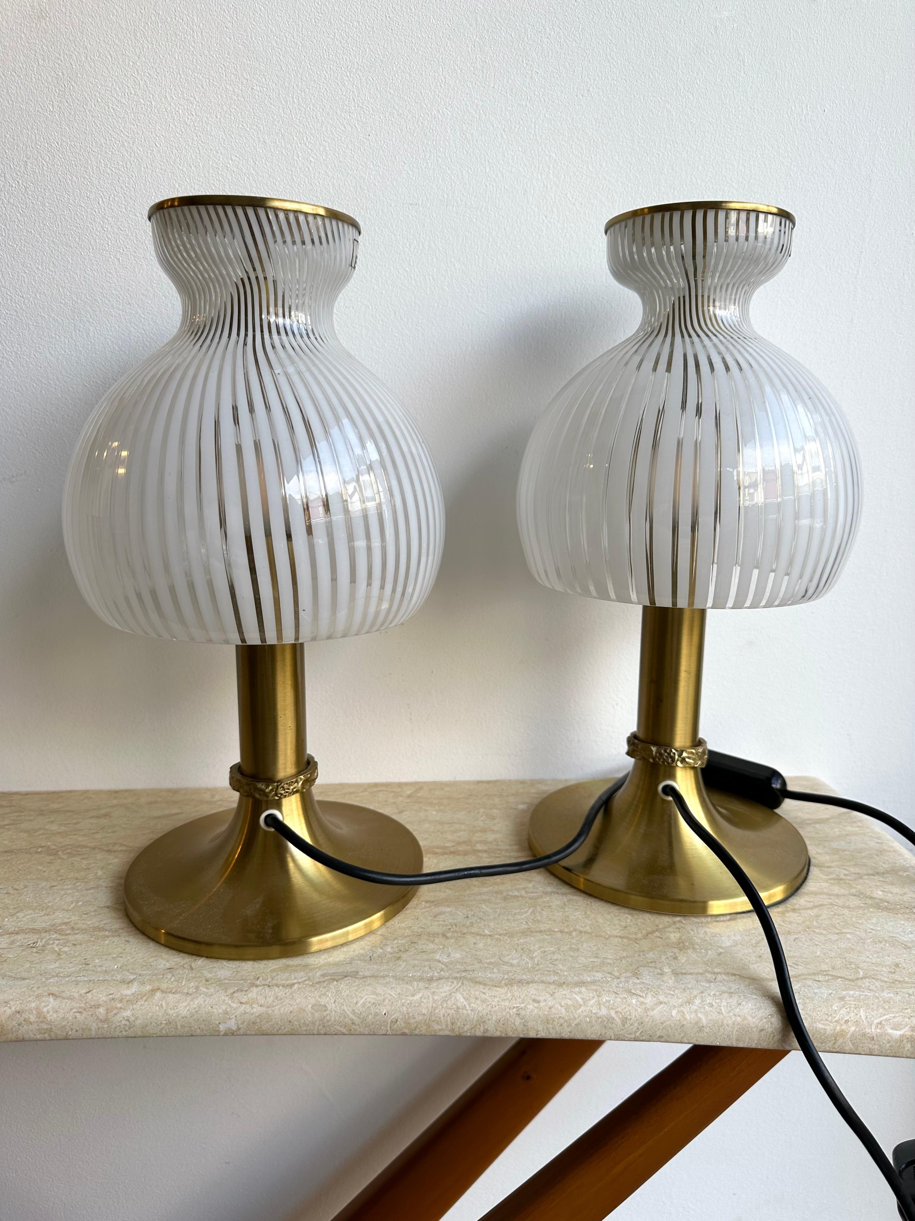 Mid-Century Modern Pair of Lamps Brass and Murano Glass by Angelo Brotto for Esperia. Italy, 1970s For Sale