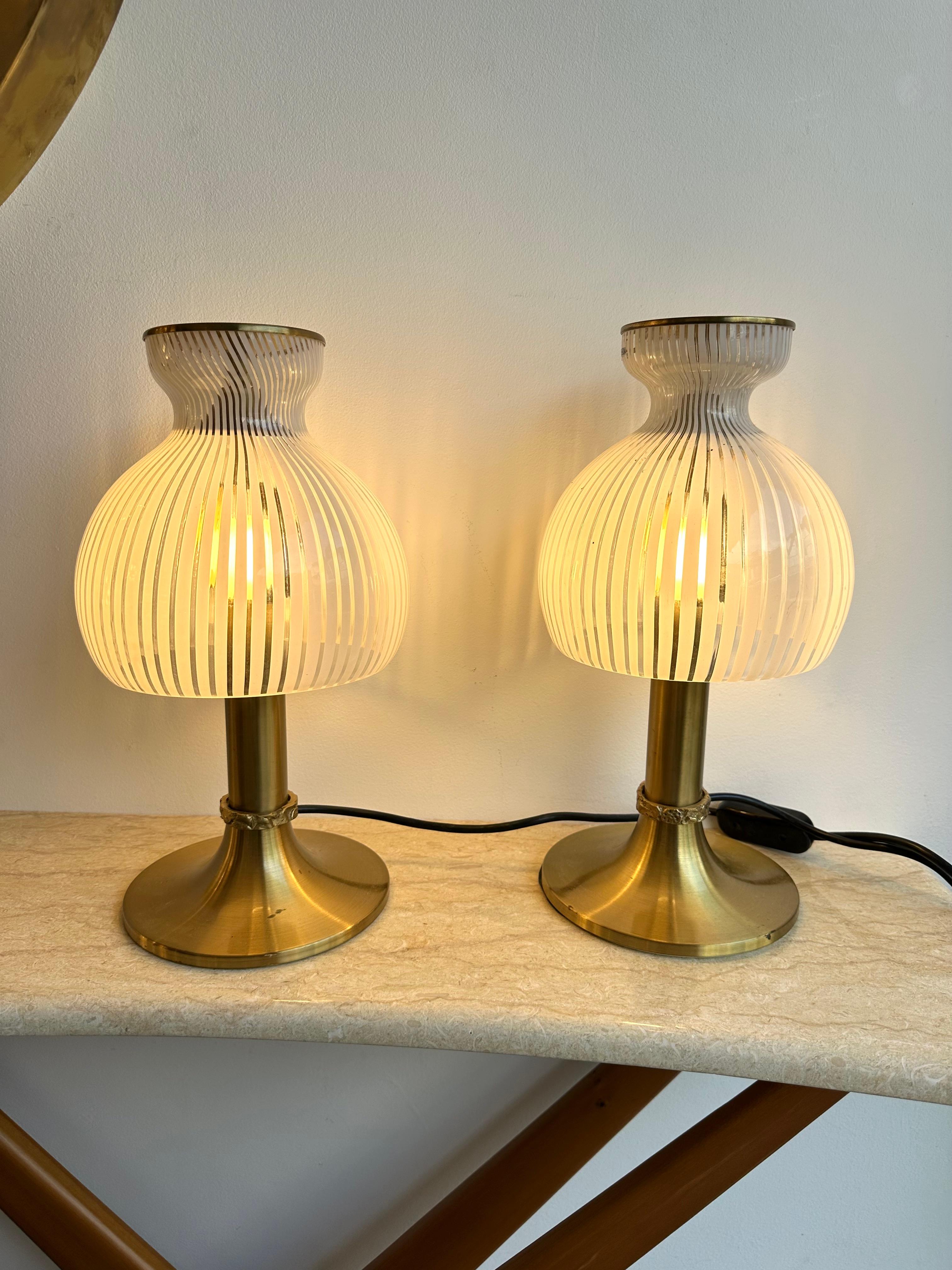 Italian Pair of Lamps Brass and Murano Glass by Angelo Brotto for Esperia. Italy, 1970s For Sale