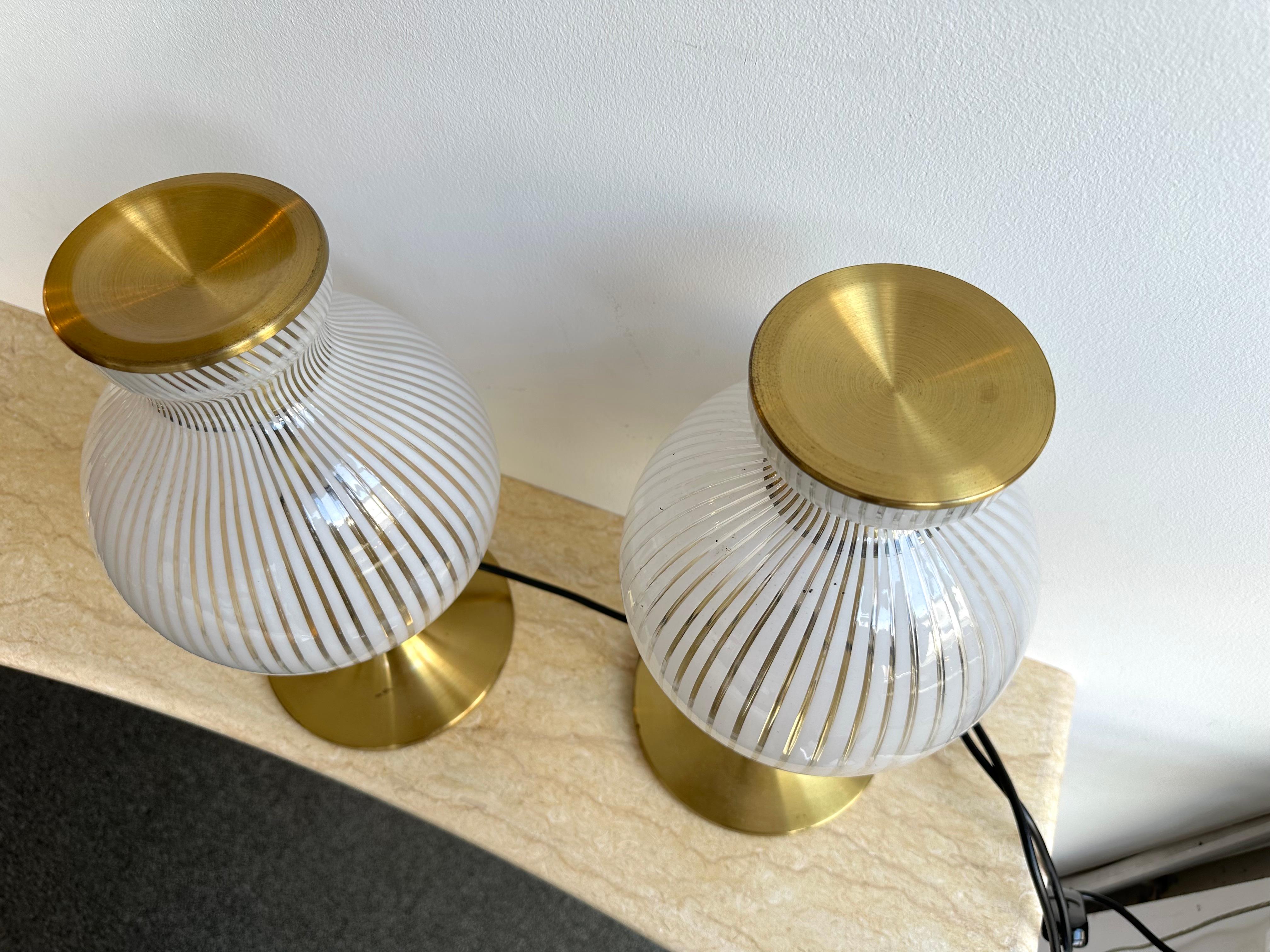 Late 20th Century Pair of Lamps Brass and Murano Glass by Angelo Brotto for Esperia. Italy, 1970s For Sale
