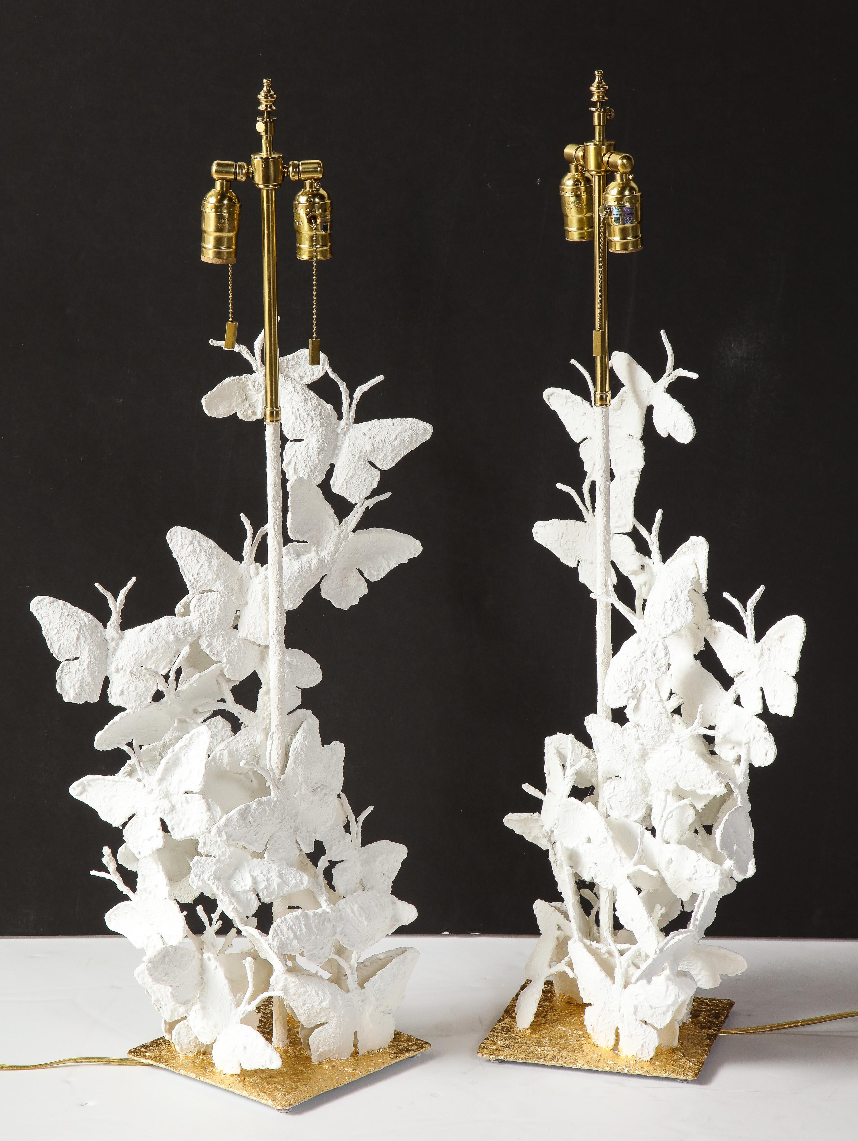 Table Lamps, Butterfly Lamps, Contemporary, White Plaster and Gold Leaf Base For Sale 3