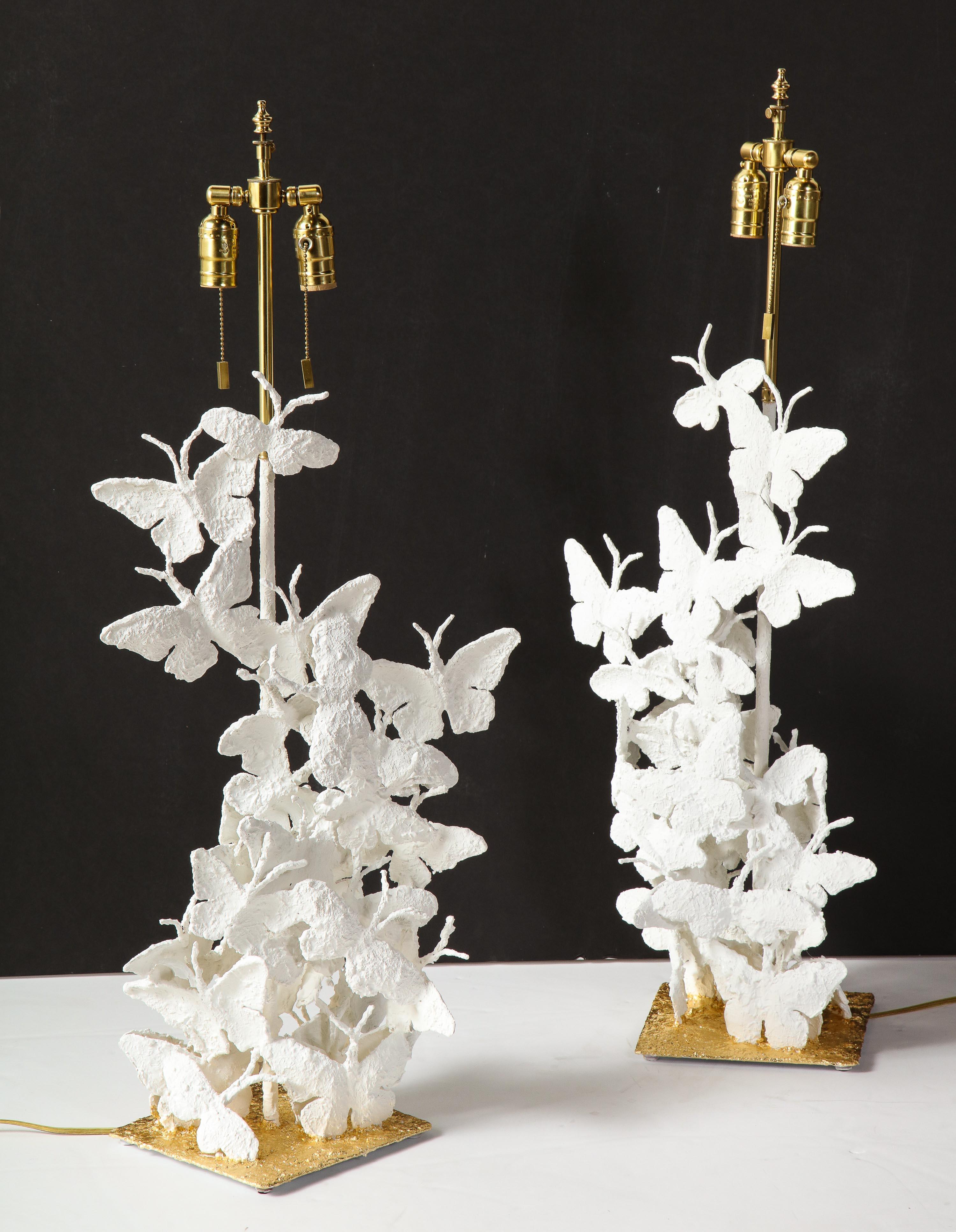 Table Lamps, Butterfly Lamps, White Plaster and Gold Leaf Base, Contemporary For Sale 3