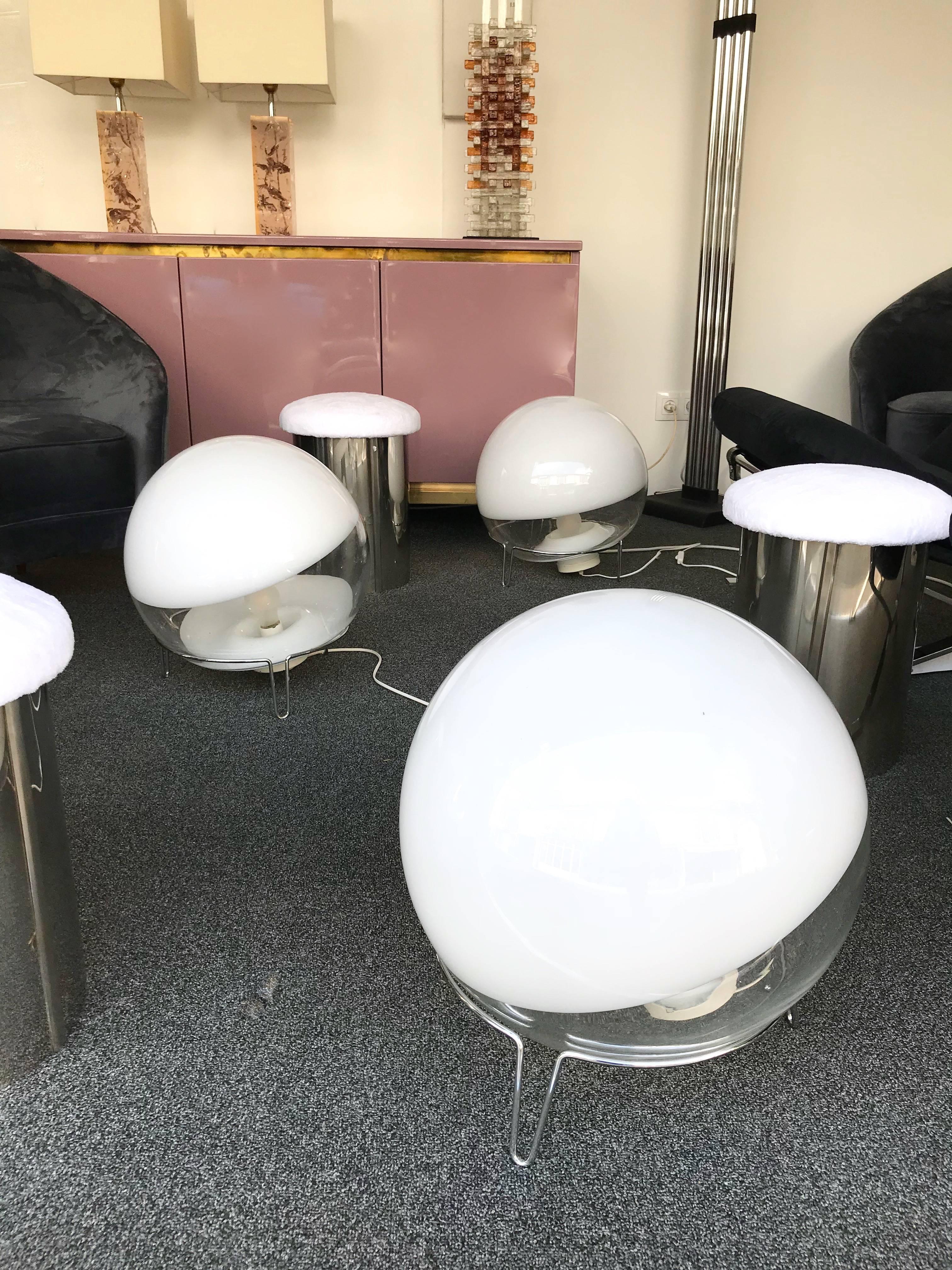 Rare big largest size of the model, diameter 40 centimeters! Blown Murano glass, chrome metal base. By the designer Angelo Mangiarotti for his editor Skipper. Can be use as floor lamps.

Price by Lamp.