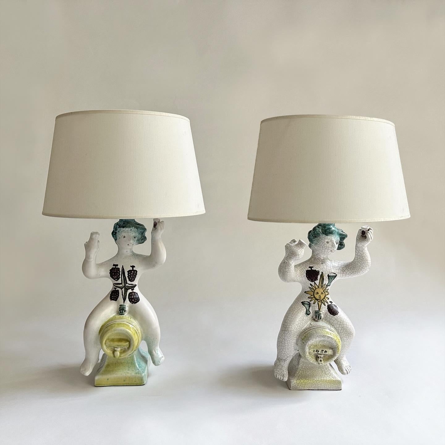 GEORGES JOUVE
PAIR OF LAMPS

circa 1950
glazed earthenware and fabric shade
Signed JOUVE and with the artist's cypher on the underside

Height of each : 23 in.