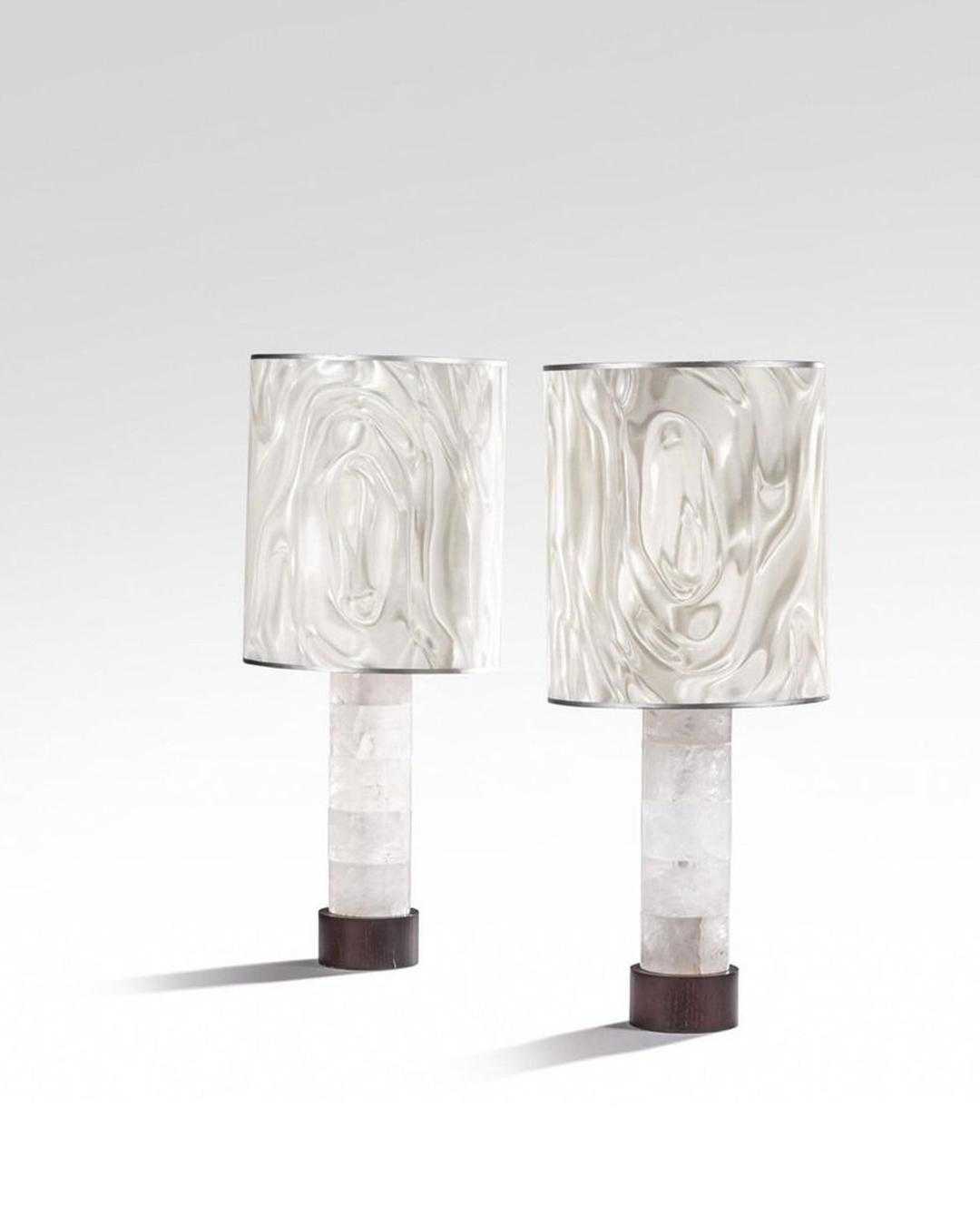 This rare pair of design lamps was conceived in 2009 by renowned designer Mattia Bonetti as a special commission for the prestigious Cristal Champs-Élysées Hotel in Paris, an establishment celebrated for its refined interiors and international