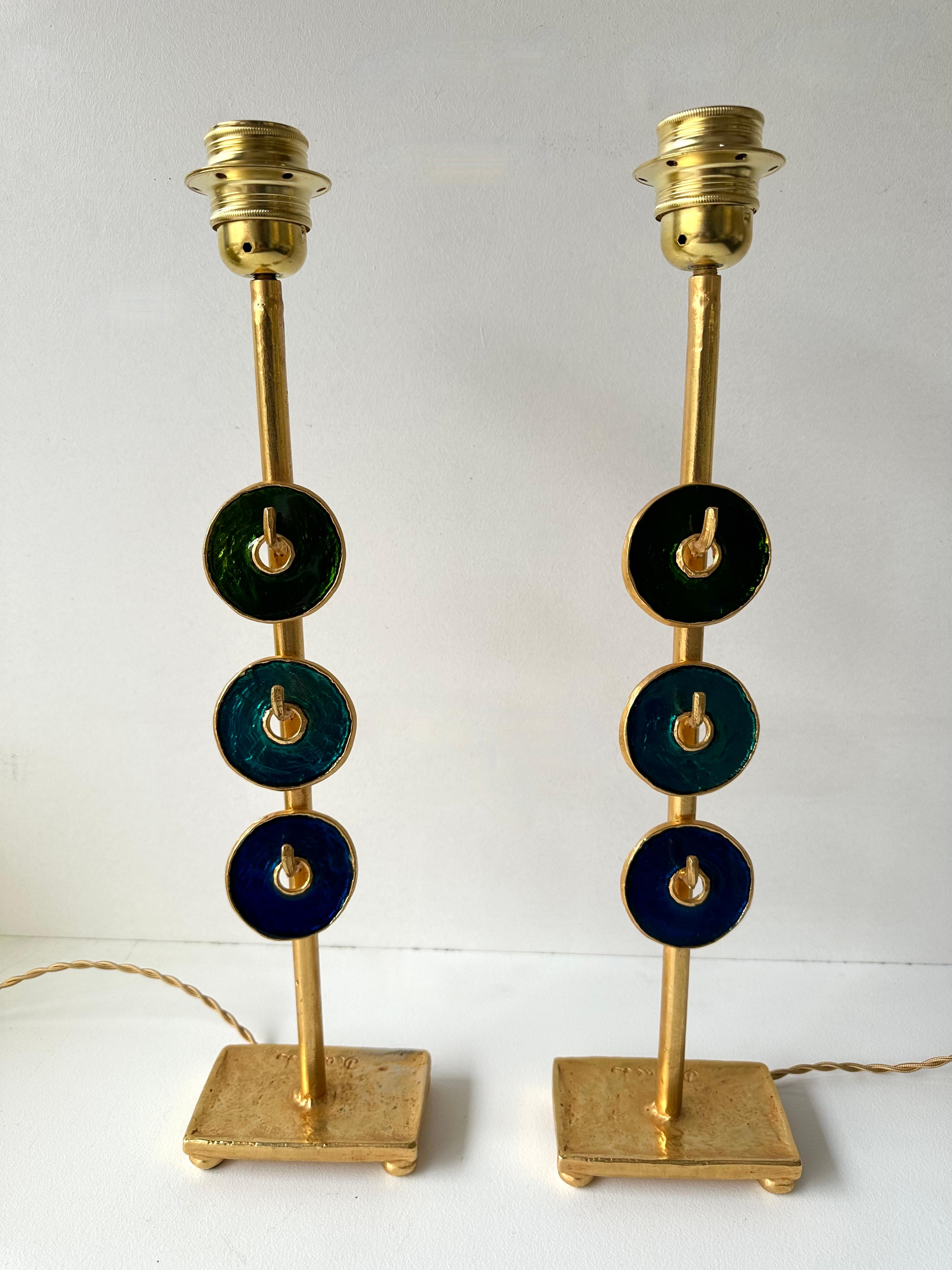 Gilt Pair of Lamps by Nicolas Dewael for Fondica, France, 1990s For Sale