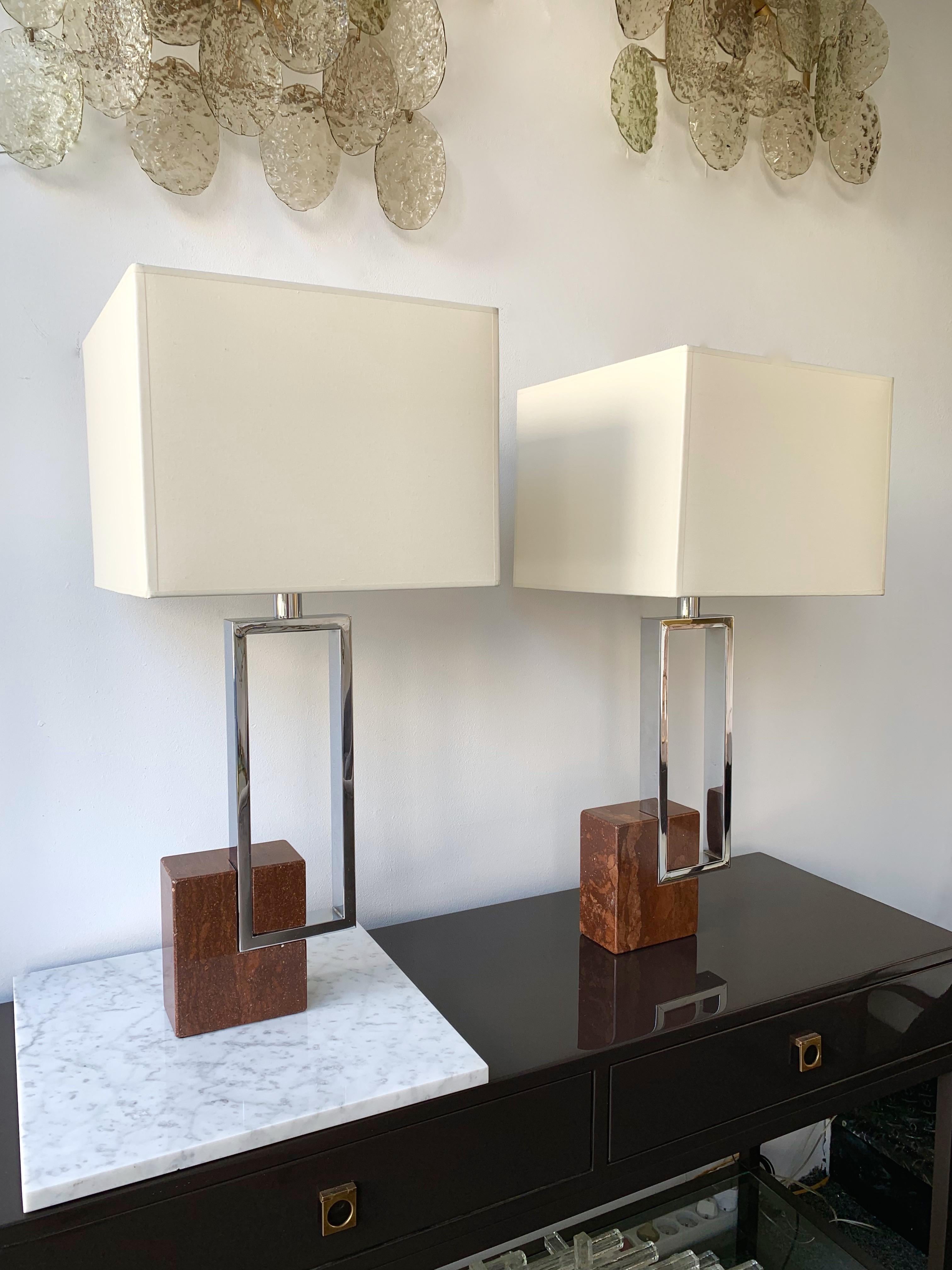 Pair of Lamps Chrome Metal Red Marble by Banci, Italy, 1970s In Good Condition For Sale In SAINT-OUEN, FR