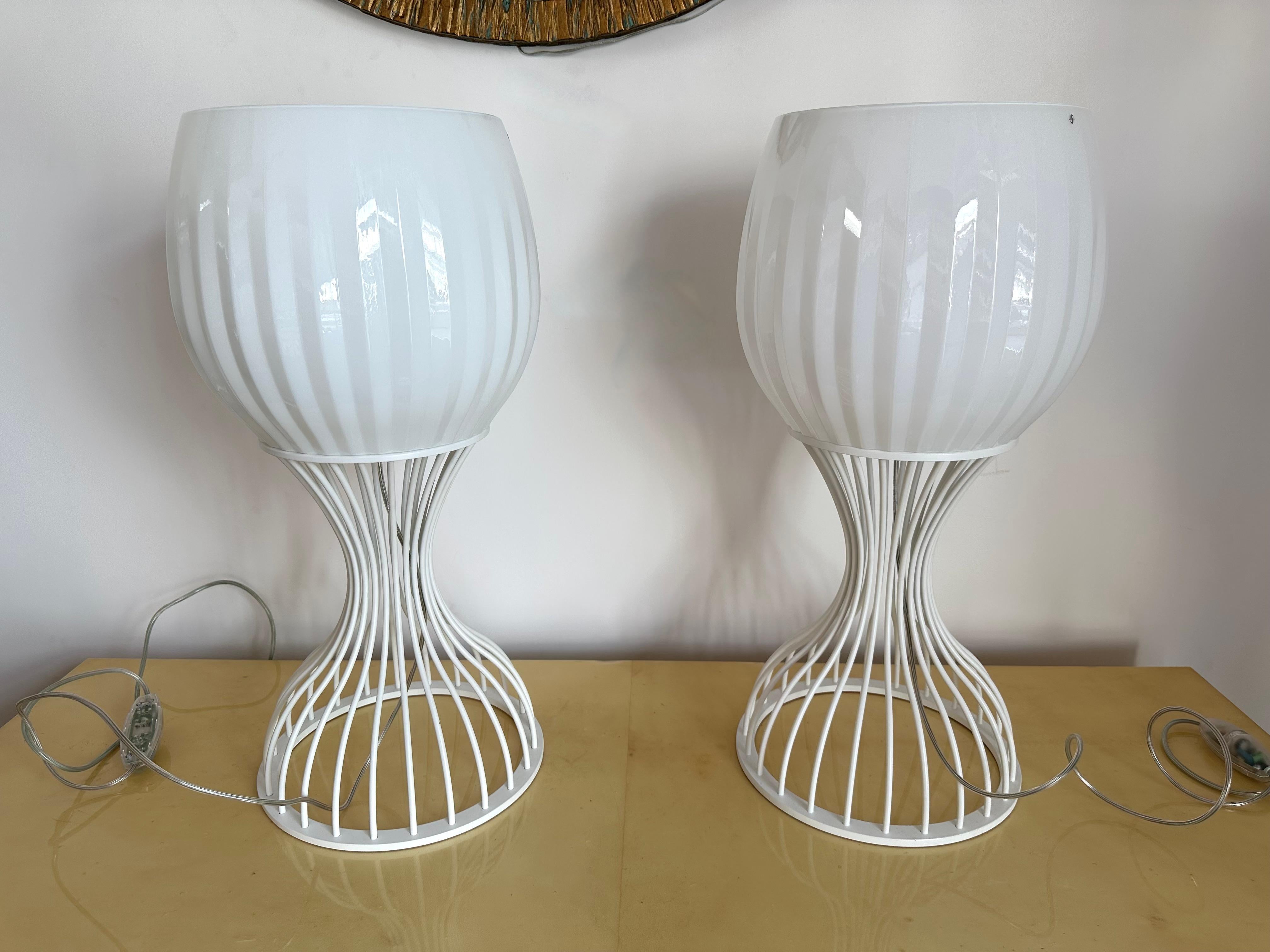 Late 20th Century Pair of Lamps Cup Murano Glass and White Metal by Vistosi, Italy, 1990s For Sale