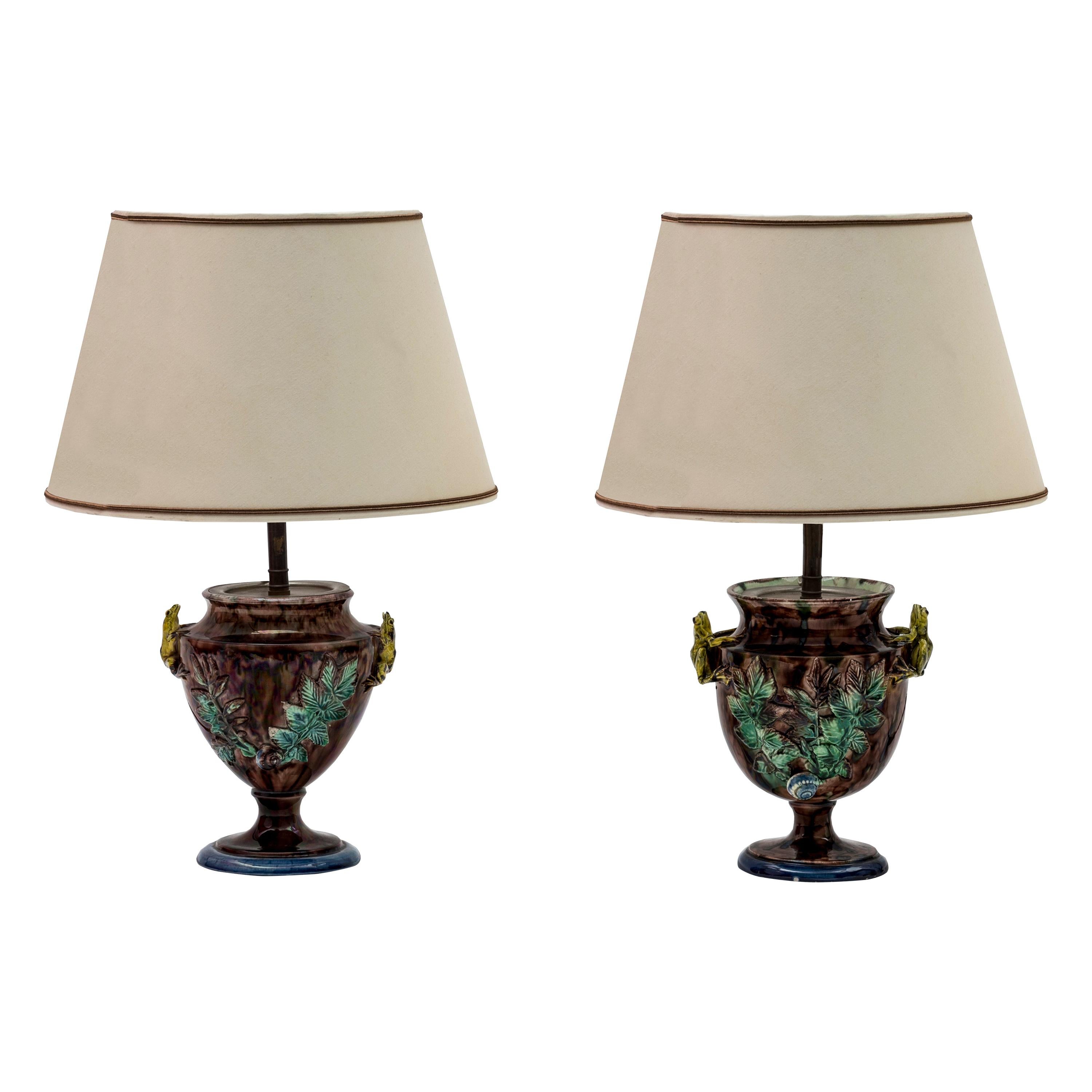 Pair of Lamps Decorated with a Frog, T. V. Sergent, End of the 19th Century For Sale