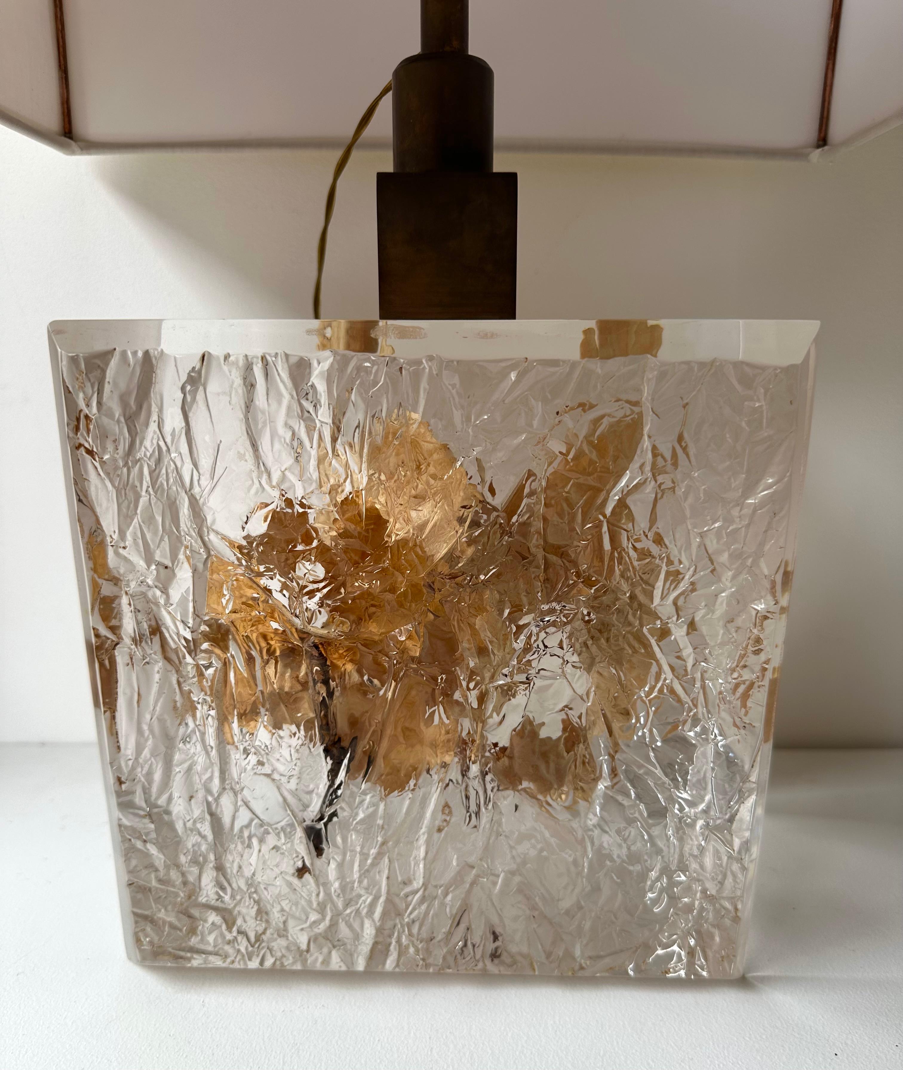 Pair of Lamps  Fractal Resin Inclusion Leaves and Brass, France, 1970s For Sale 4