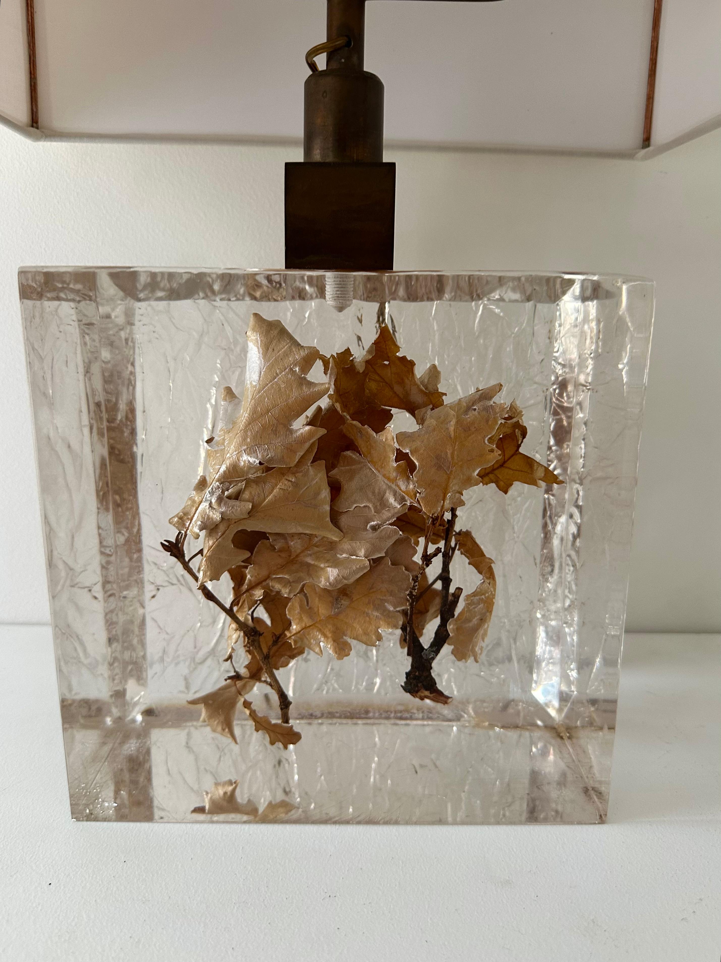 Pair of Lamps  Fractal Resin Inclusion Leaves and Brass, France, 1970s For Sale 5