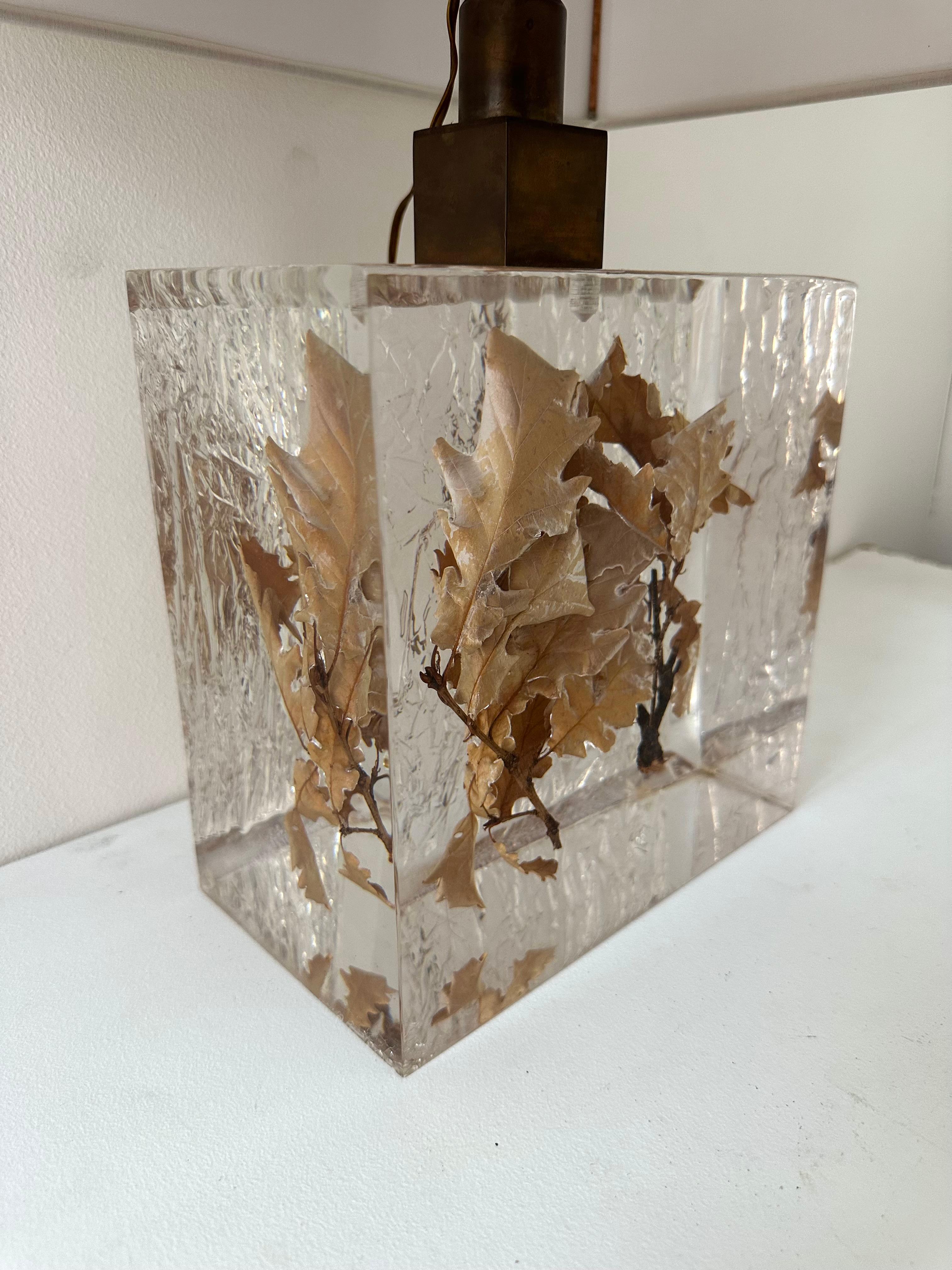 Pair of Lamps  Fractal Resin Inclusion Leaves and Brass, France, 1970s For Sale 6