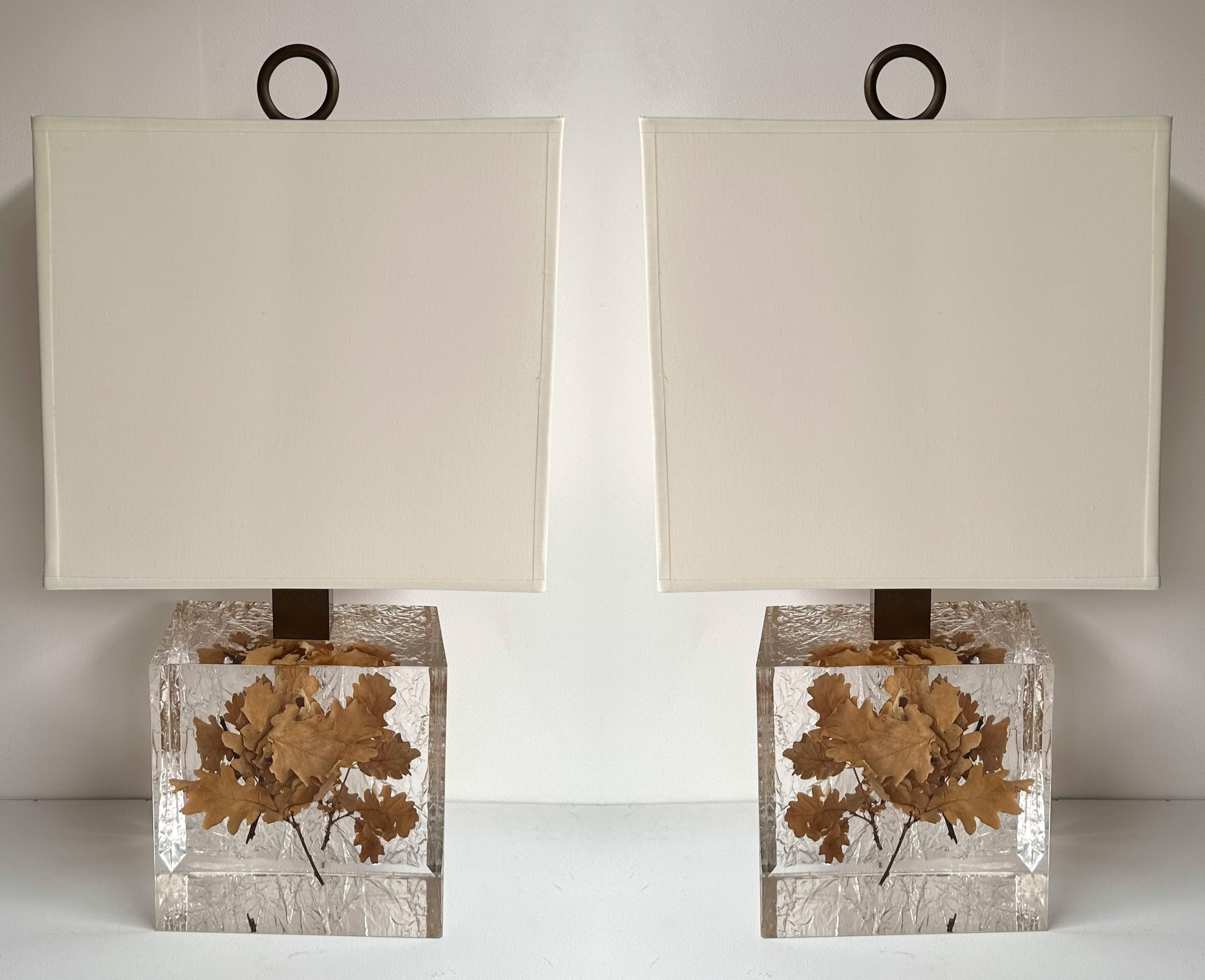 Pair of Lamps  Fractal Resin Inclusion Leaves and Brass, France, 1970s For Sale 8
