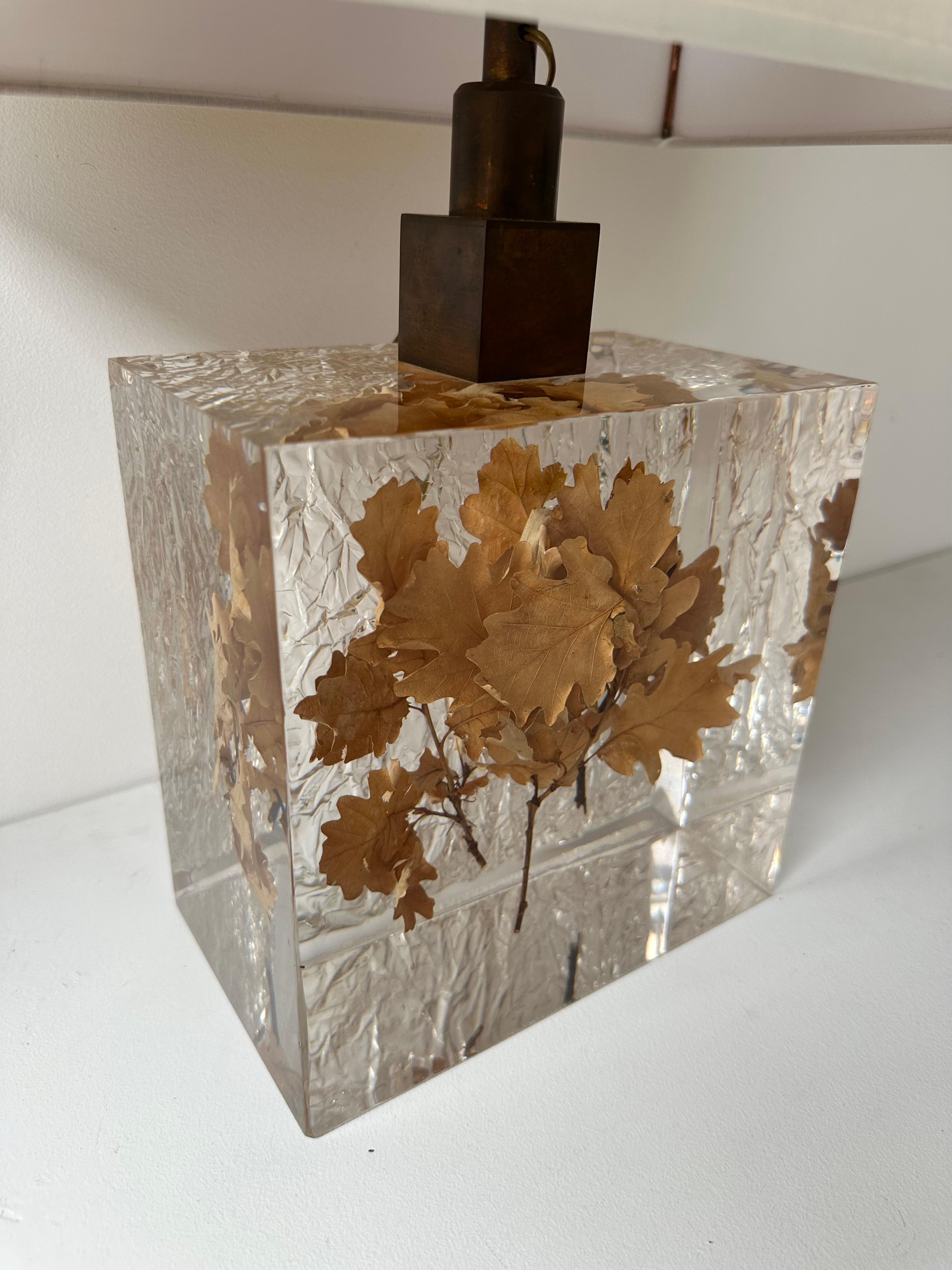 Late 20th Century Pair of Lamps  Fractal Resin Inclusion Leaves and Brass, France, 1970s For Sale