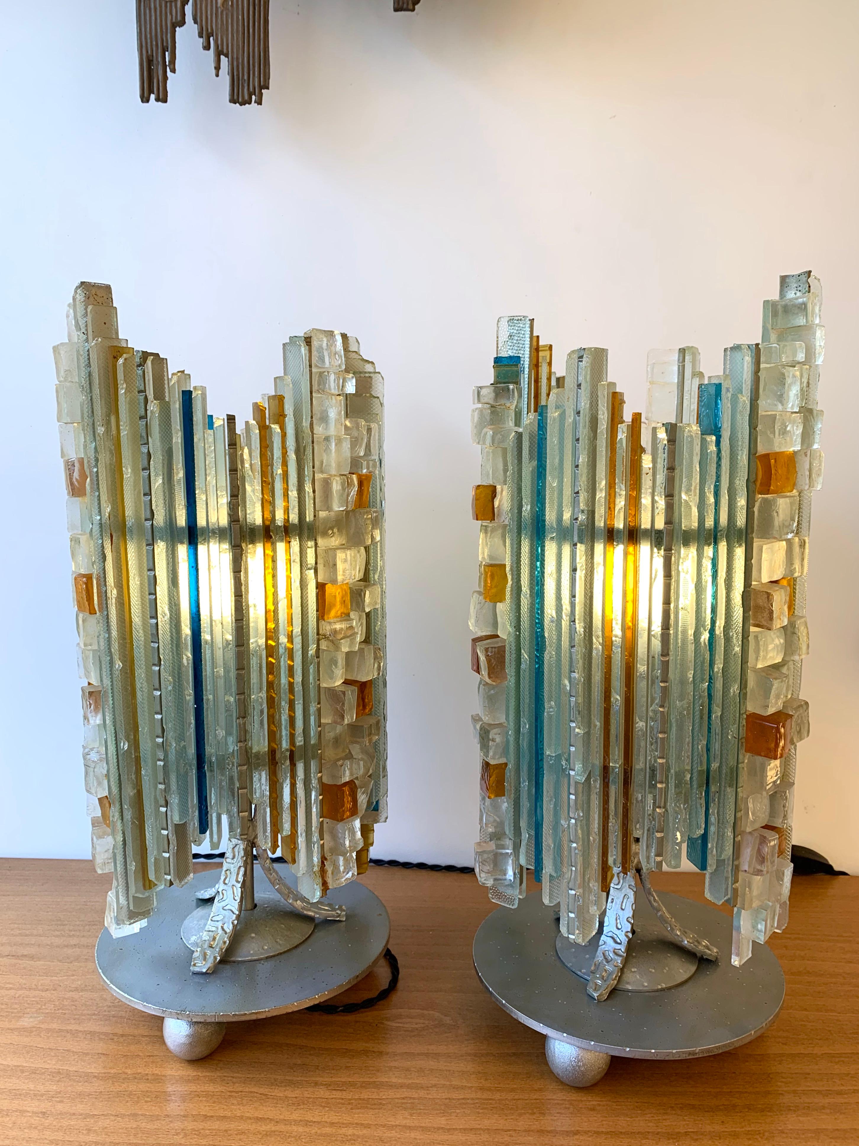 Pair of Lamps Glass and Wrought Iron by Biancardi & Jordan Arte, Italy, 1970s In Good Condition In SAINT-OUEN, FR