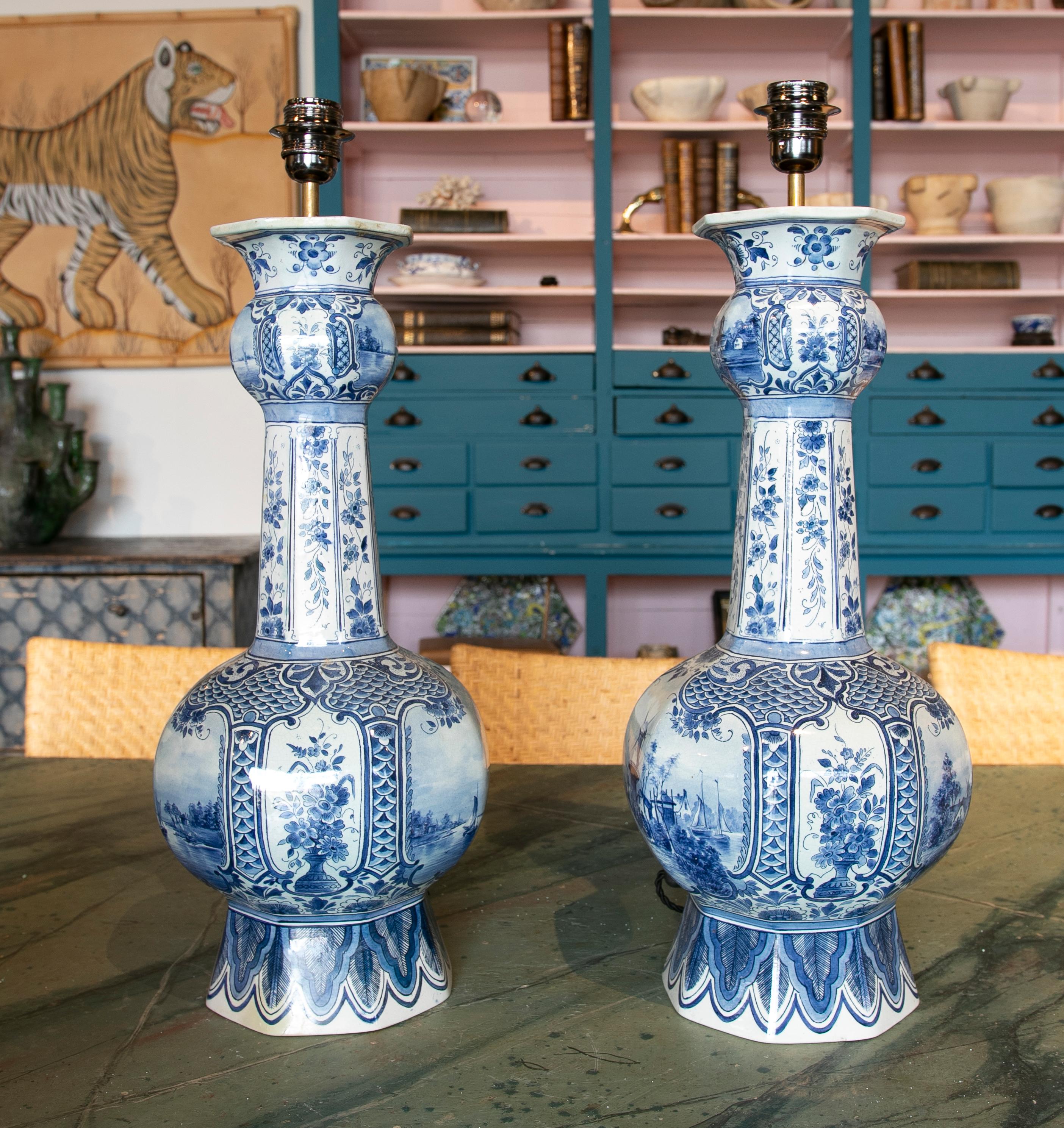 Dutch Pair of Lamps in Blue and White Glazed Ceramic Delf, Numbered and Signed