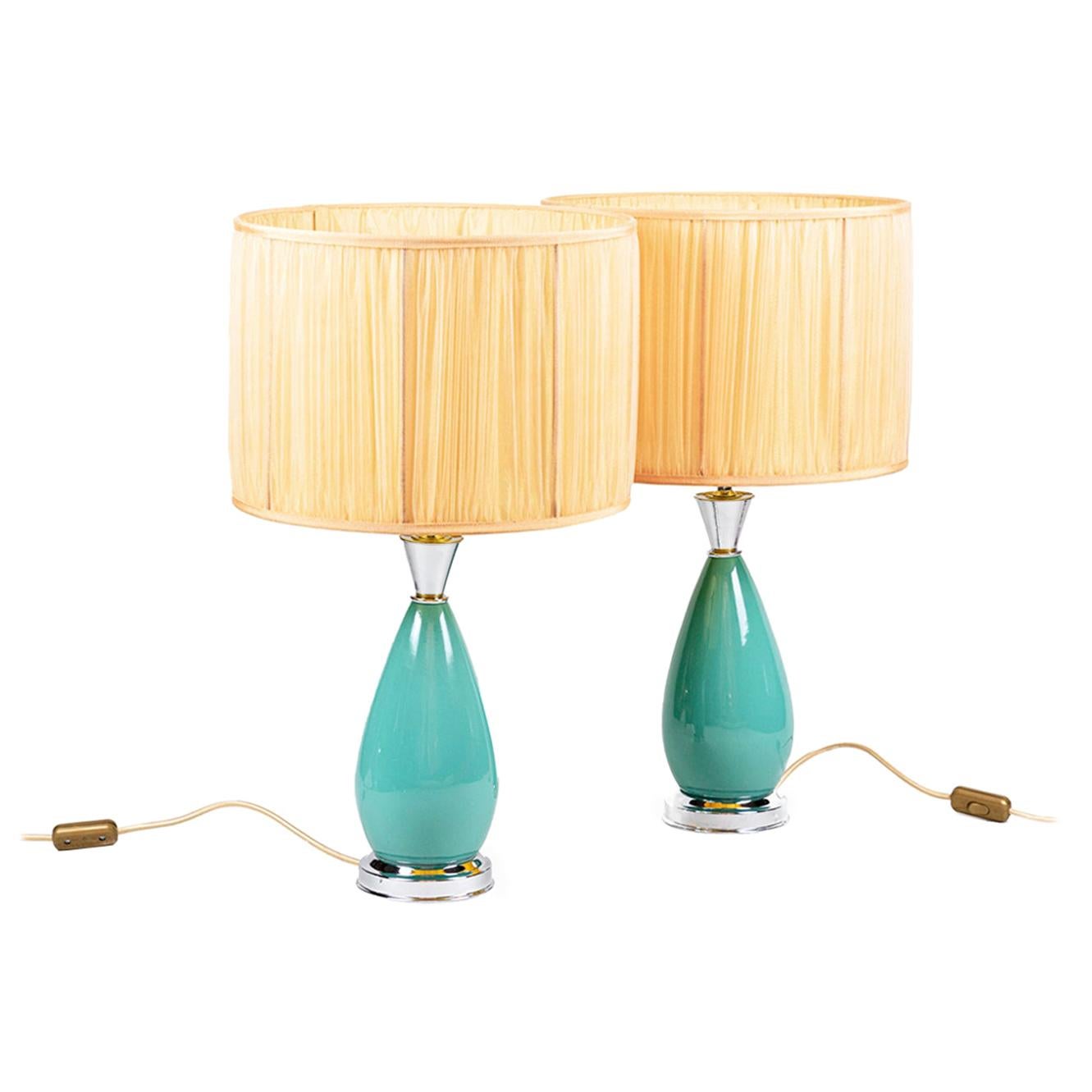 Pair of Lamps in Blue Porcelain and Silvered Brass, 1970 For Sale