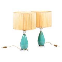 Pair of Lamps in Blue Porcelain and Silvered Brass, 1970