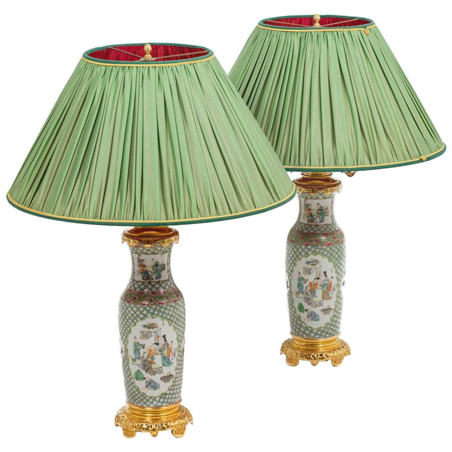 Pair of Lamps in Canton Porcelain and Gilt Bronze, 19th Century